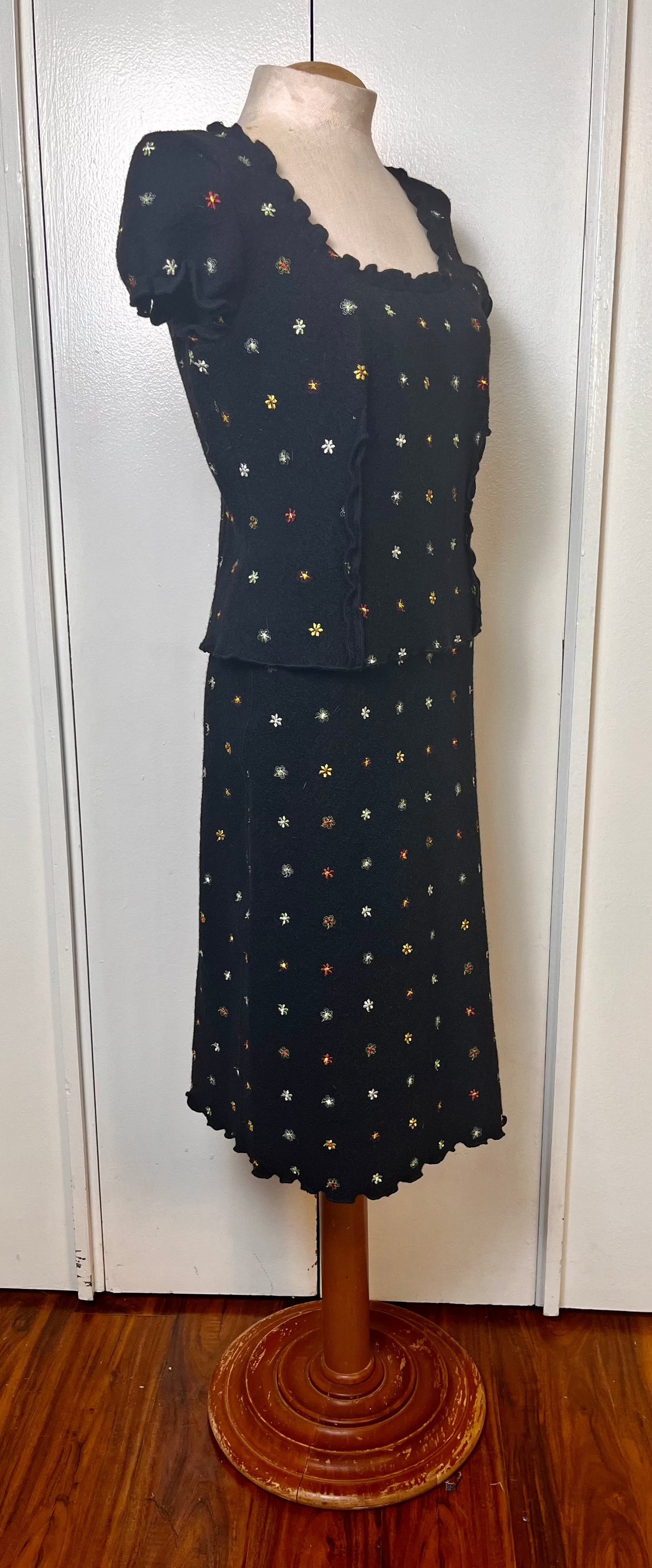 Vintage "Moschino Cheap & Chic" Embroidered Floral Black Top & Skirt Set