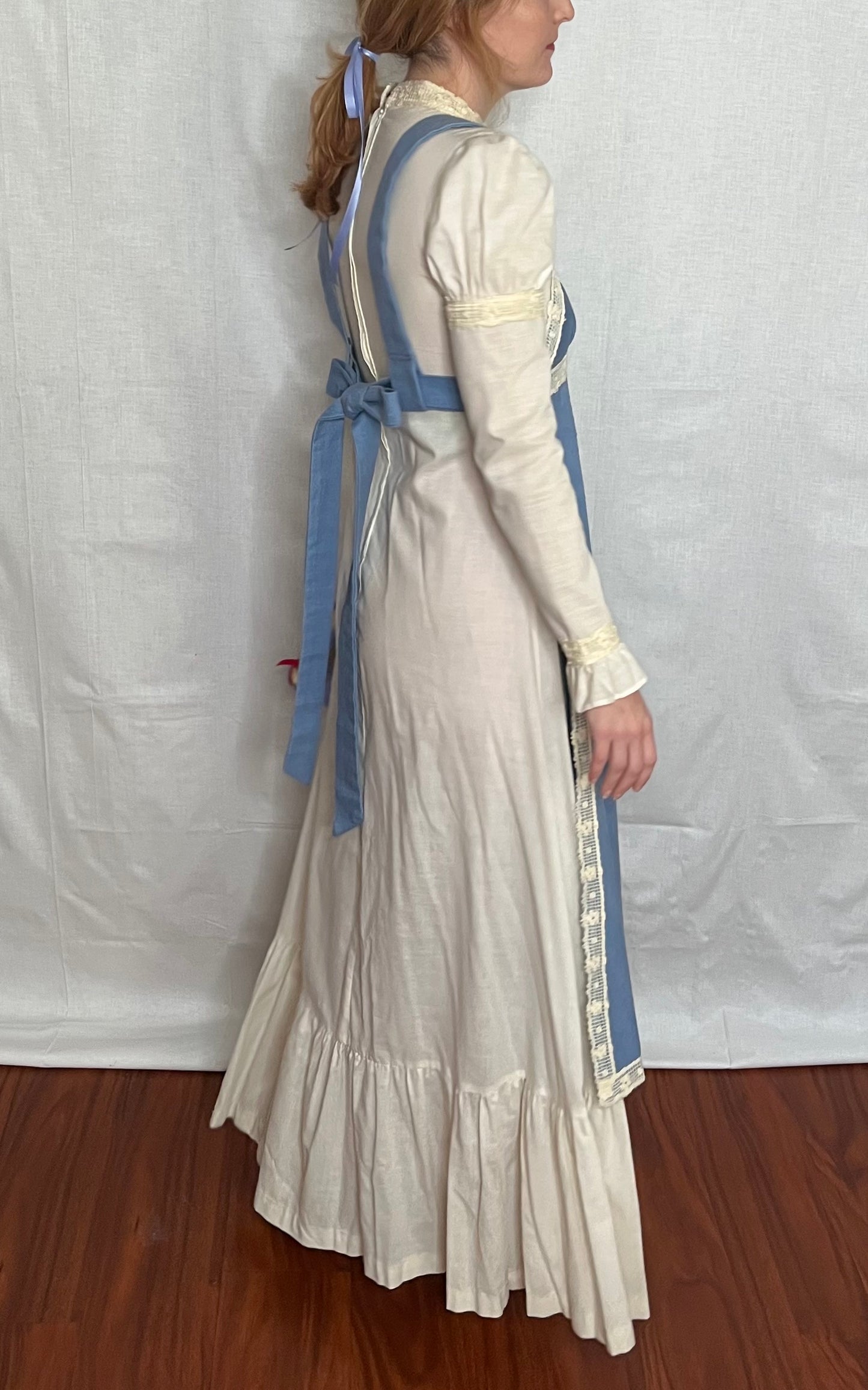 Vintage 1960’s "Gunne Sax of California" Denim Chambray and Cotton Muslin Apron Front Long Sleeve Maxi Dress