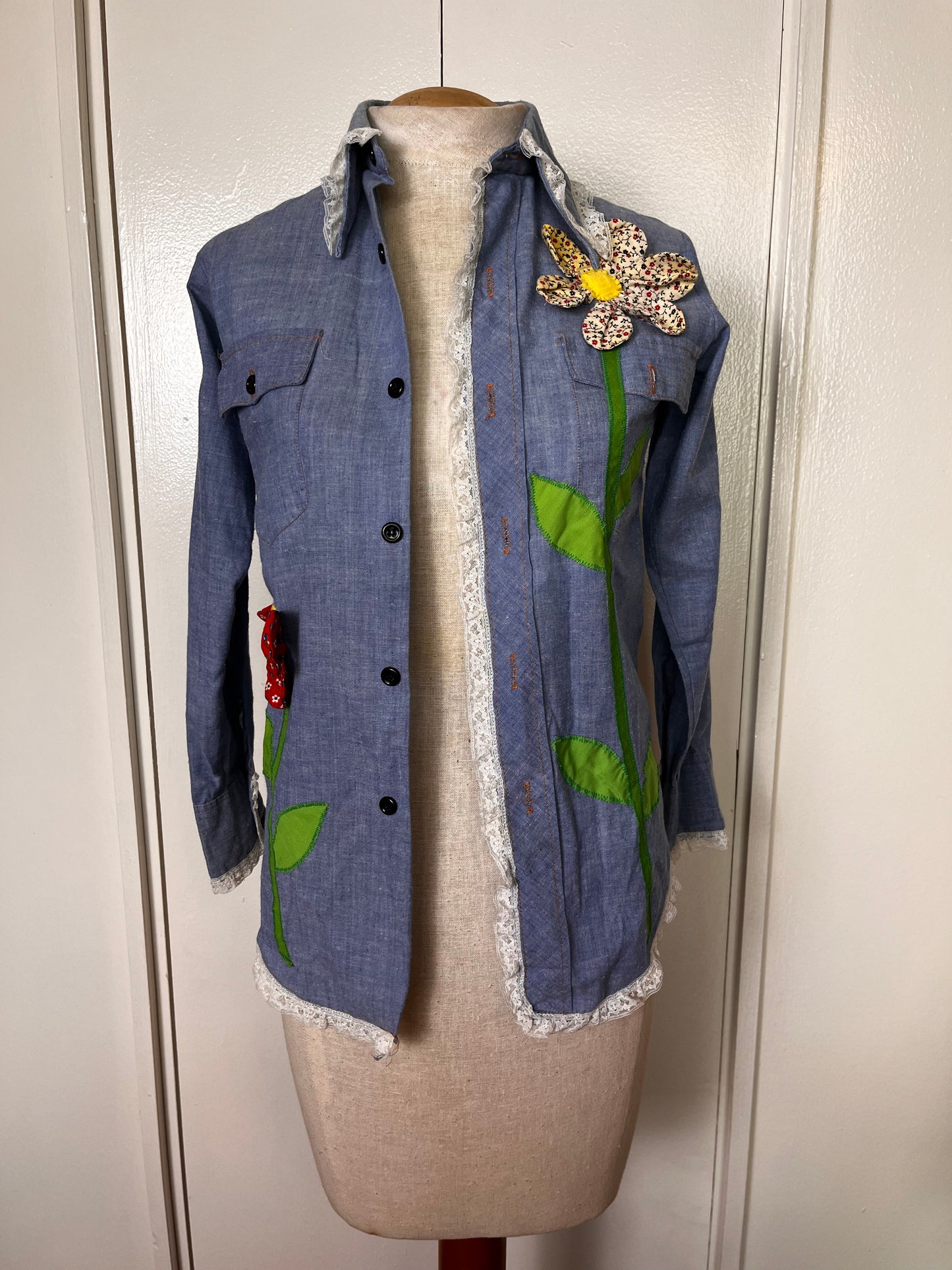 Vintage 1970's "JCPenney" Denim ChambrayLong Sleeve Blouse with Patchwork Flower Appliqués