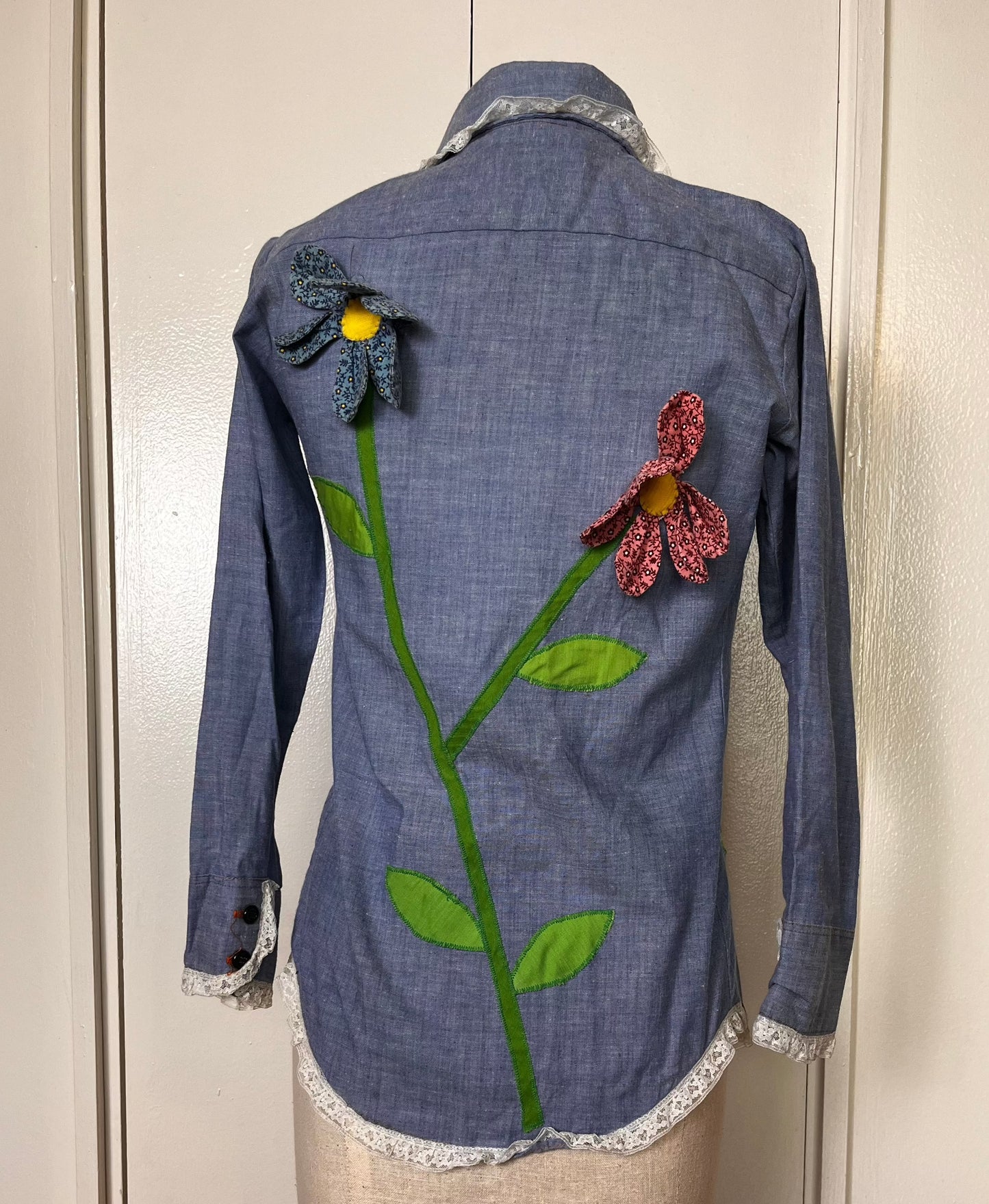 Vintage 1970's "JCPenney" Denim ChambrayLong Sleeve Blouse with Patchwork Flower Appliqués