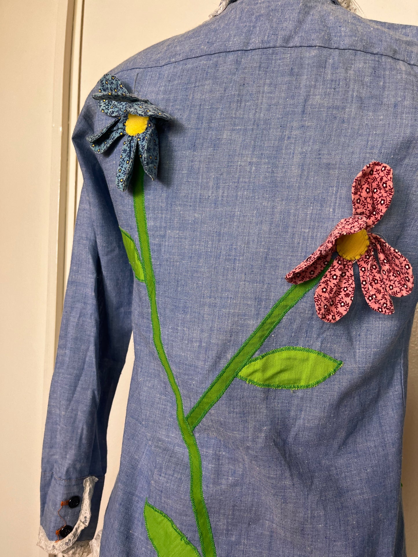 Vintage 1970's "JCPenney" Denim ChambrayLong Sleeve Blouse with Patchwork Flower Appliqués