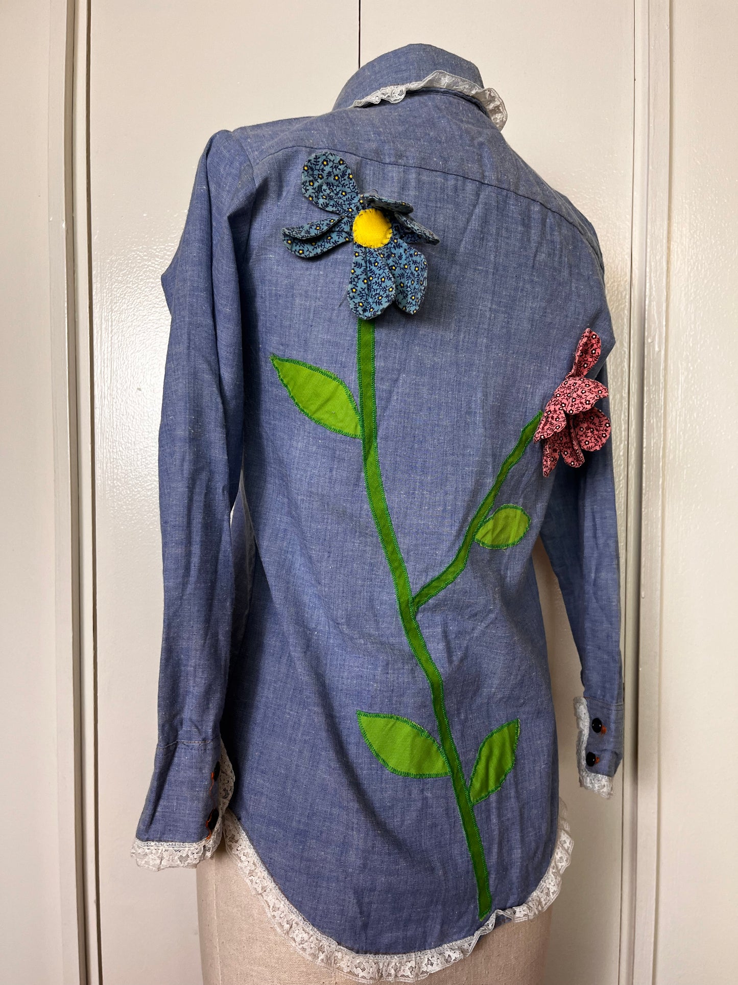 Vintage 1970's "JCPenney" Denim ChambrayLong Sleeve Blouse with Patchwork Flower Appliqués