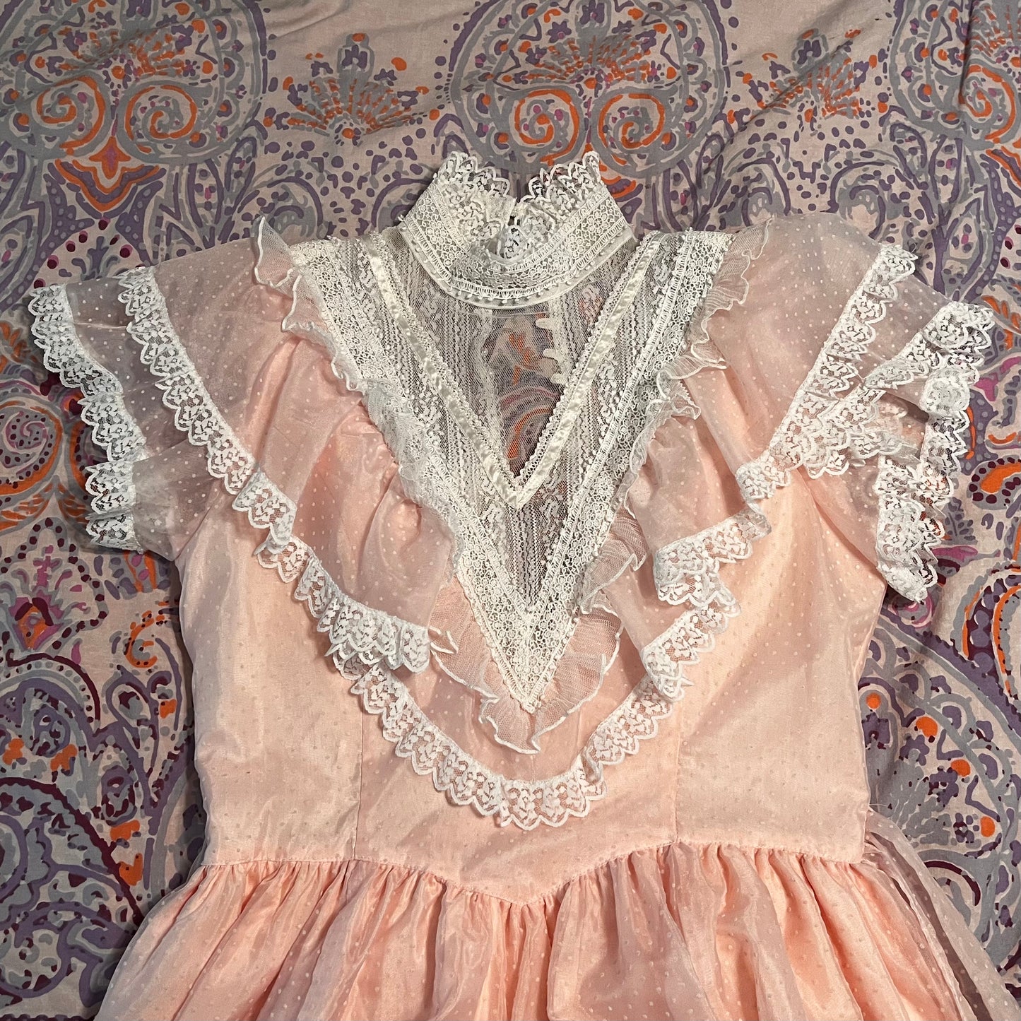 Vintage 1980’s "Gunne Sax by Jessica McClintock" Light Pink Swiss Dot & Lace Ballgown