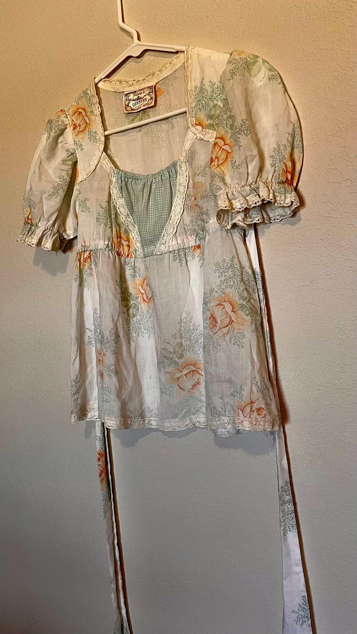 Vintage 1970's Gunne Sax by Jessica McClintock Gingham & Roses Babydoll Top