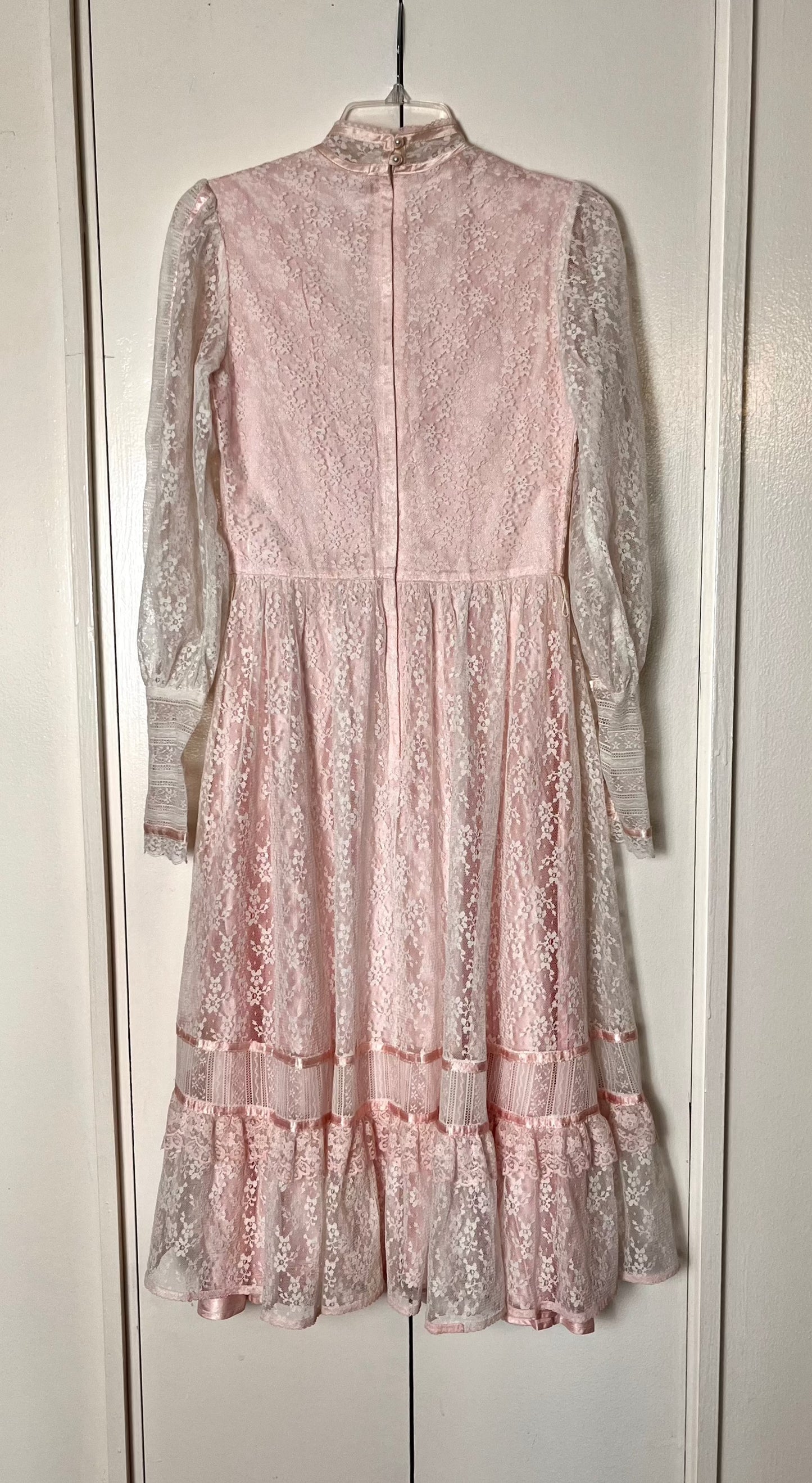 Vintage 1970's "Gunne Sax by Jessica McClintock" Baby-Pink and Lace High Neck Long Sleeve Midi Dress