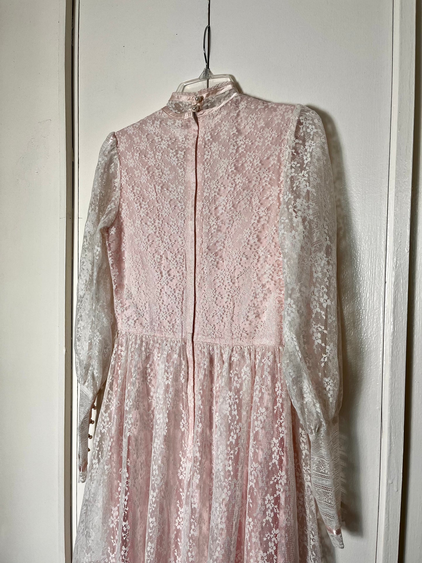 Vintage 1970's "Gunne Sax by Jessica McClintock" Baby-Pink and Lace High Neck Long Sleeve Midi Dress