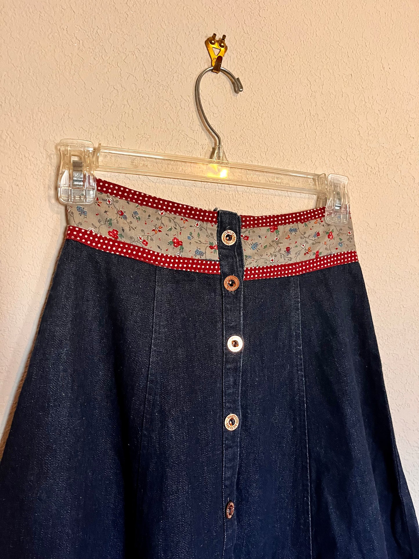 Vintage 1970’s "Gunne Sax by Jessica McClintock" Denim & Calico Midi Skirt