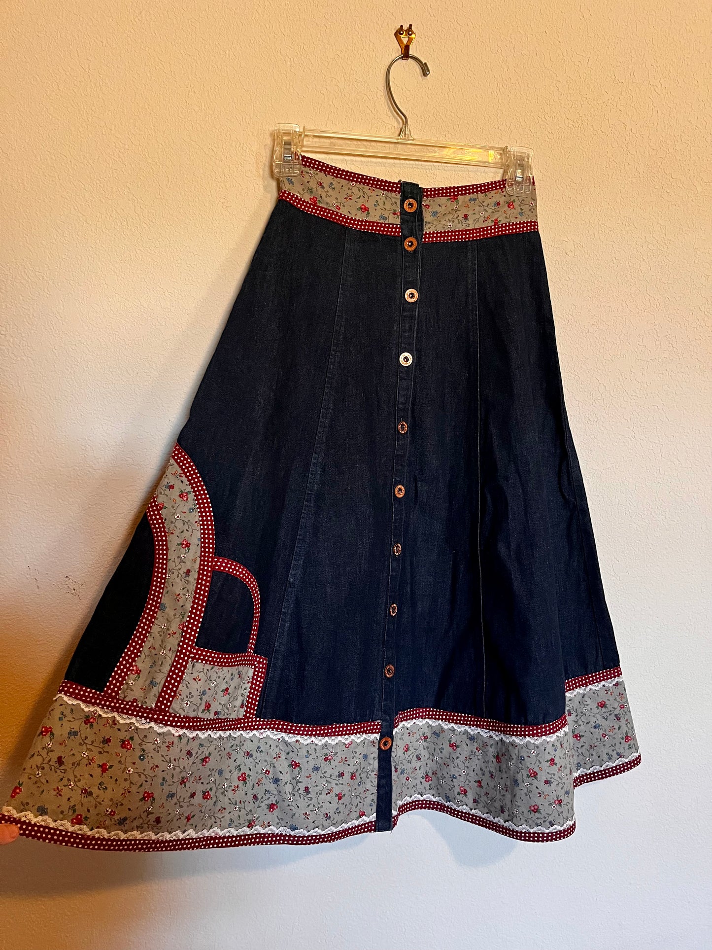 Vintage 1970’s "Gunne Sax by Jessica McClintock" Denim & Calico Midi Skirt