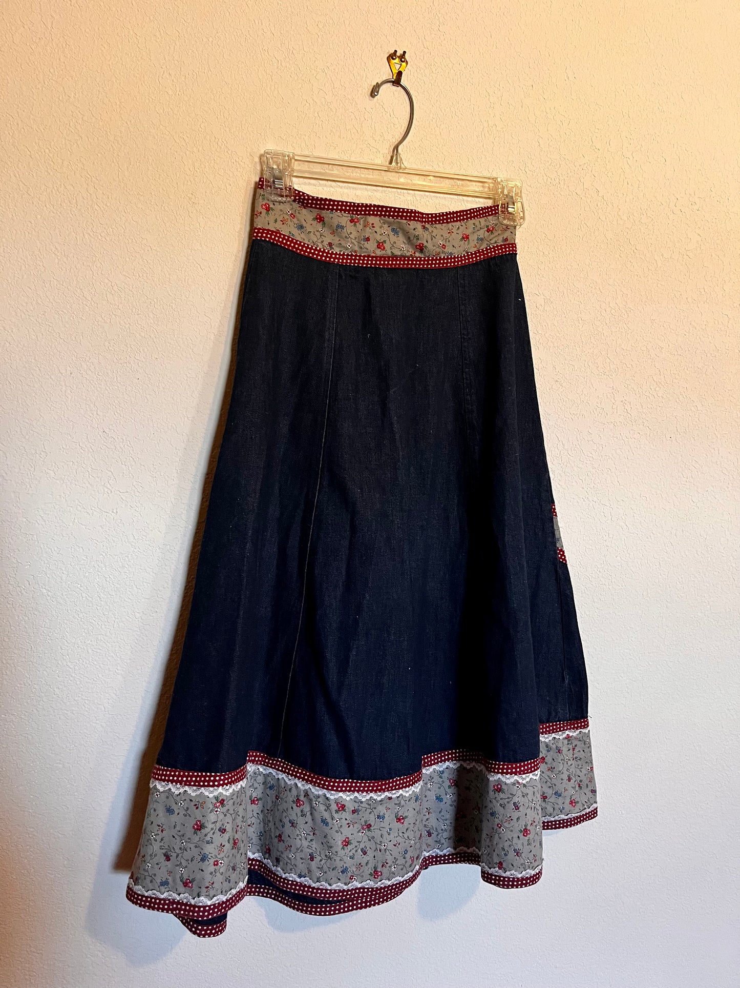 Vintage 1970’s "Gunne Sax by Jessica McClintock" Denim & Calico Midi Skirt