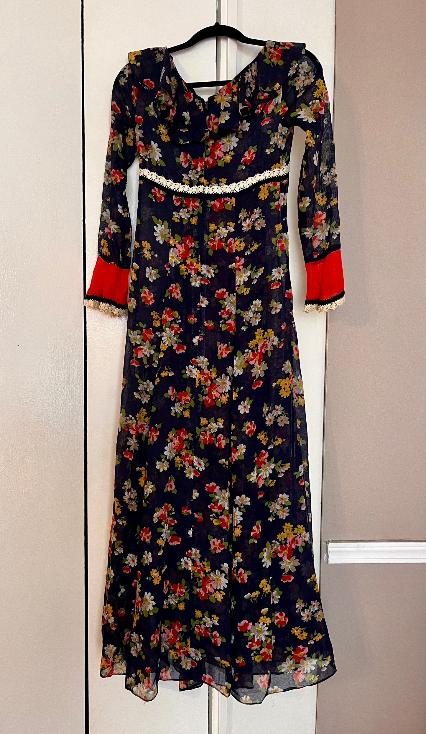 Vintage 1960’s "Gunne Sax of California" (Black Label) Blue & Red Floral Maxi Dress