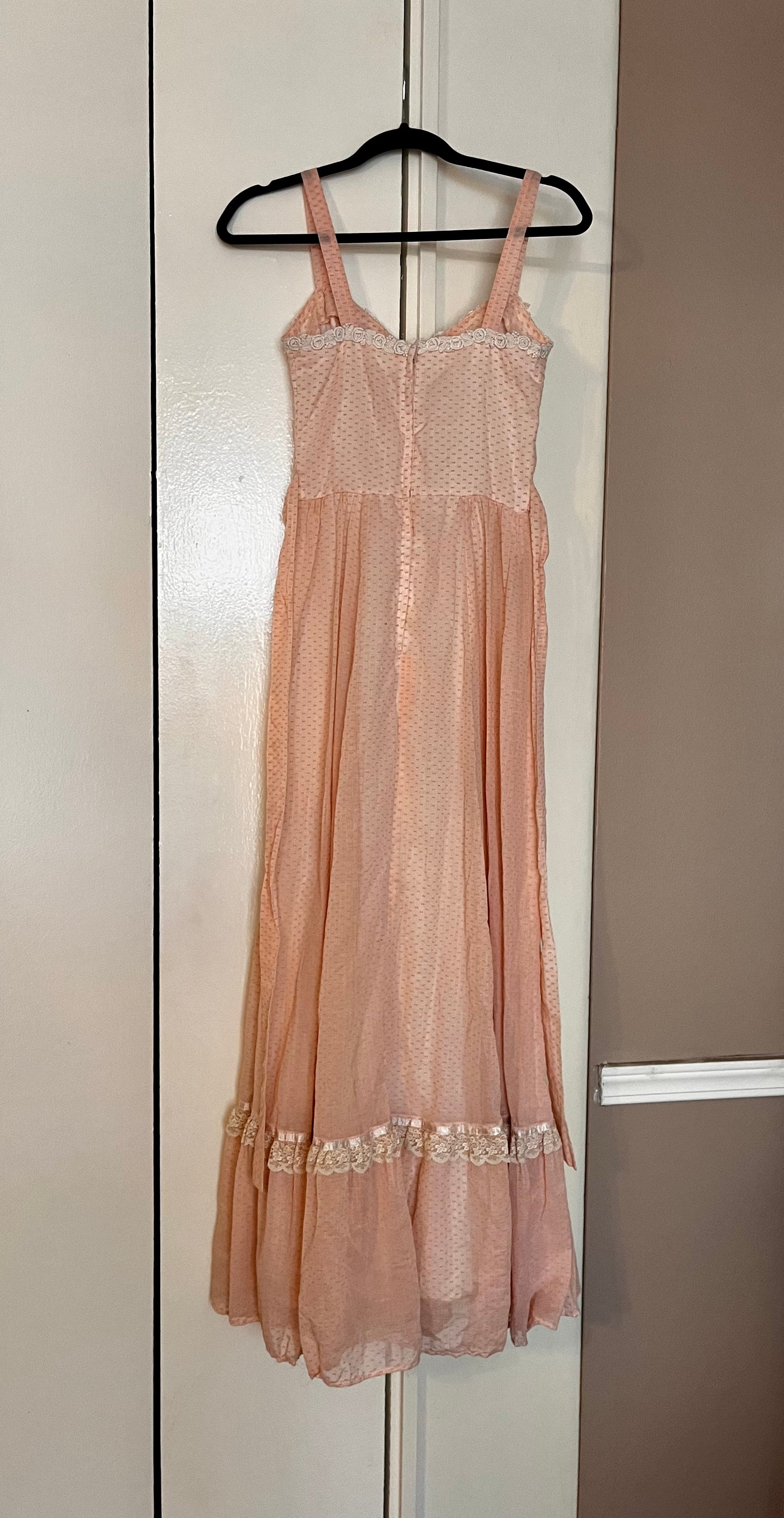 Vintage 1970’s "Gunne Sax by Jessica McClintock" Pink Swiss Dot Maxi Sundress