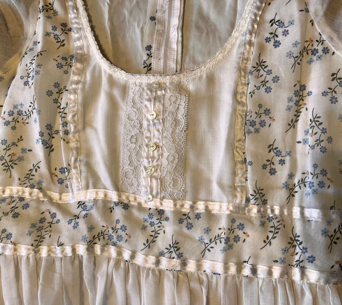 Vintage 1970’s "Gunne Sax by Jessica McClintock" White and Blue Floral Maxi Dress (Altered)