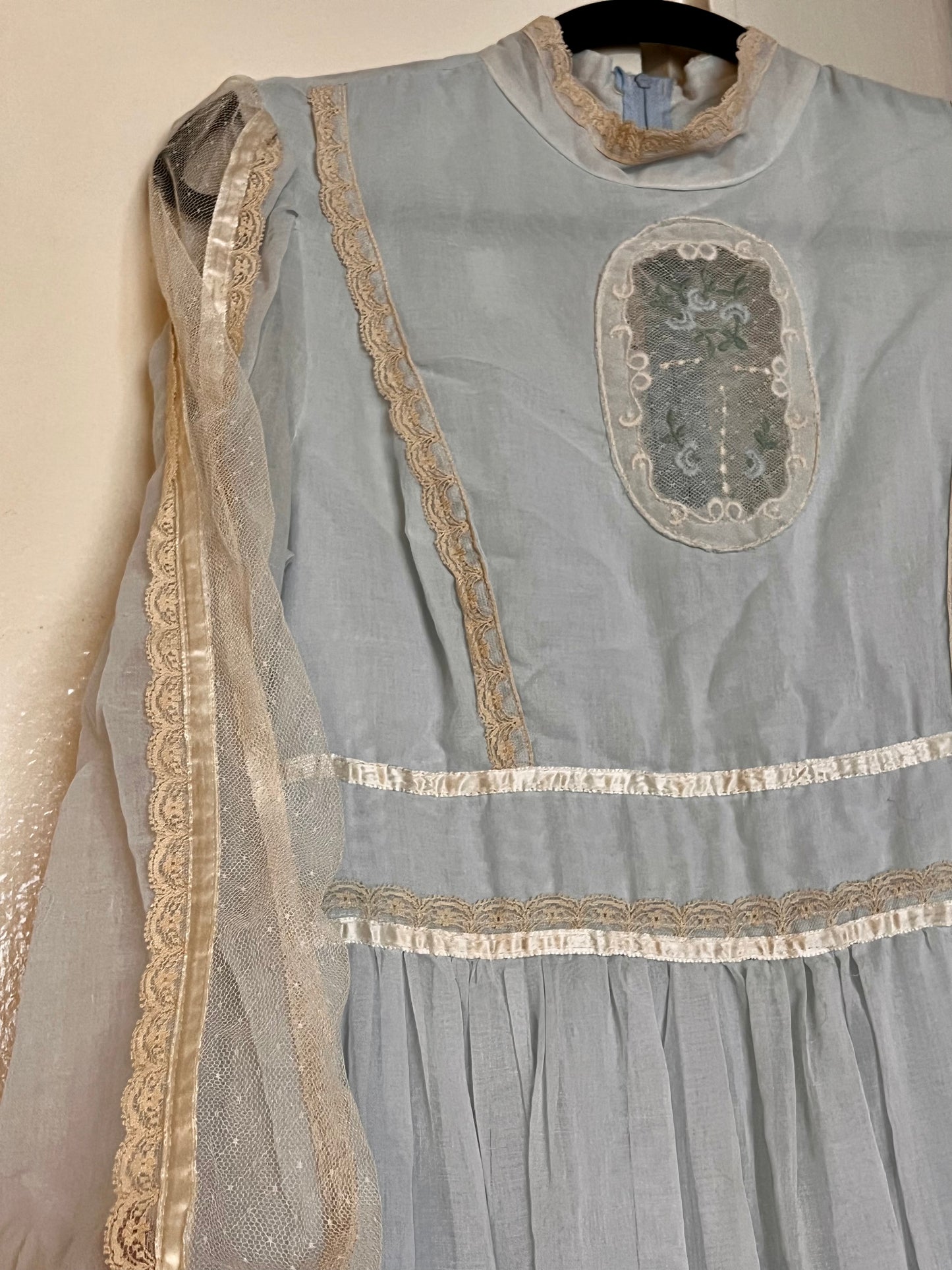 Vintage 1970’s "Gunne Sax by Jessica McClintock" Cameo-Front Baby Blue Maxi Dress