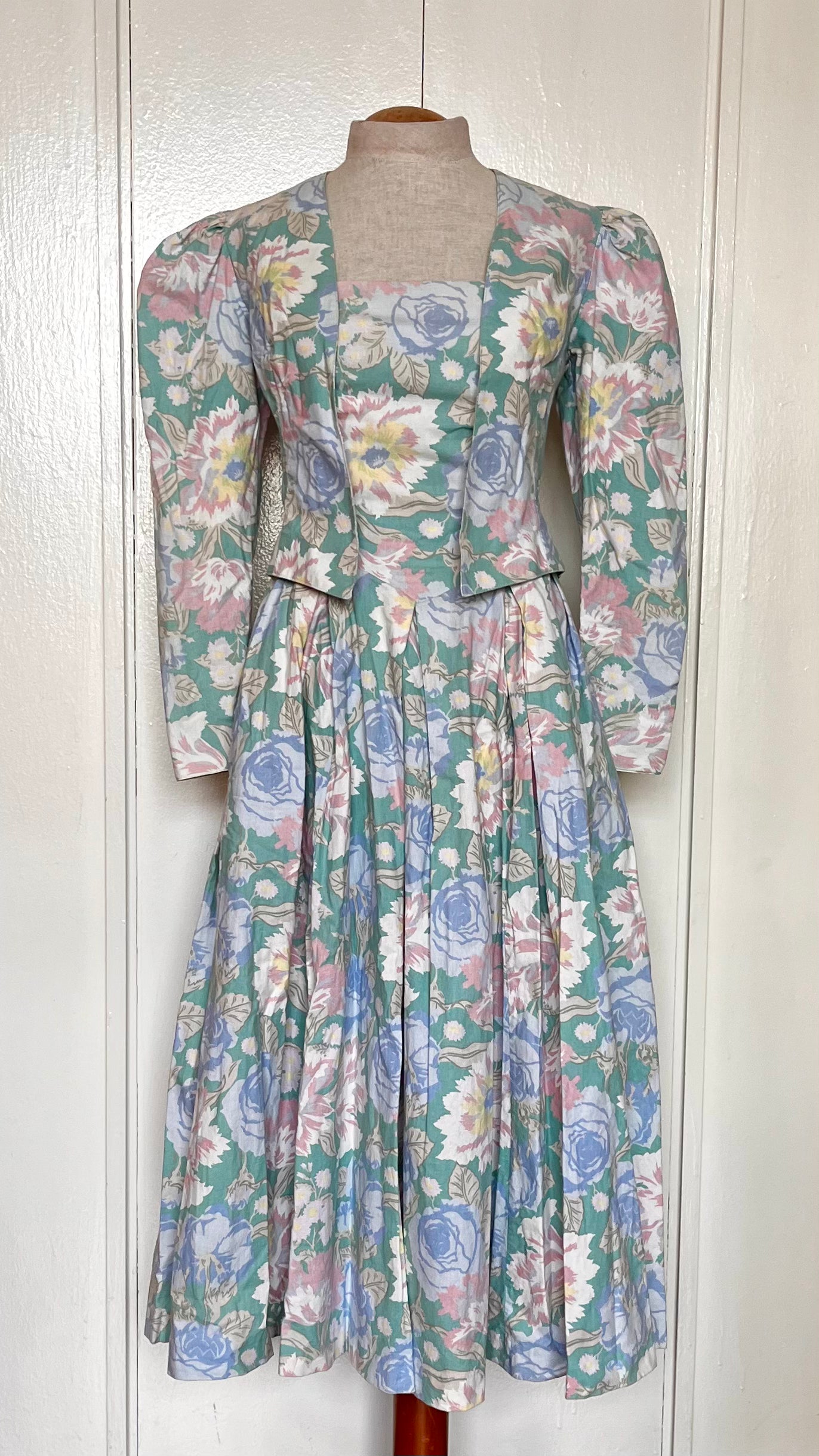 Vintage 1980’s "Laura Ashley" Jacket & Dress Set: Long Mutton Sleeve Open Jacket w/ Strapless Midi Dress in Green w/ Blue & Pink Flowers