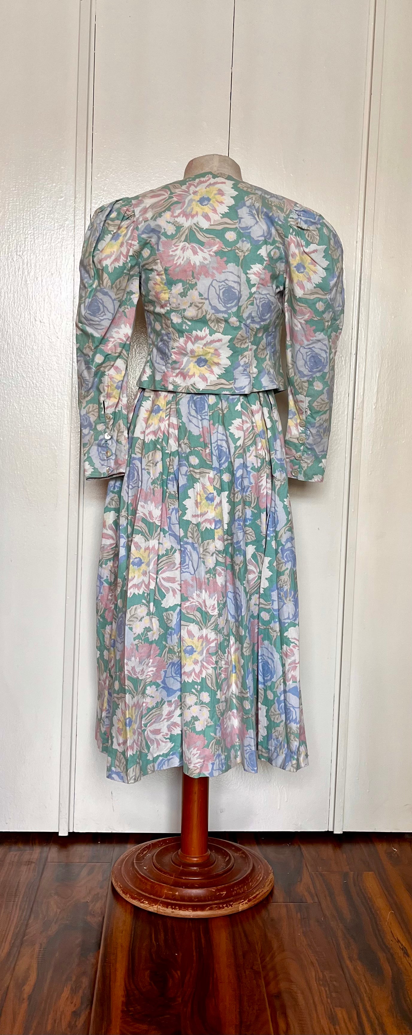 Vintage 1980’s "Laura Ashley" Jacket & Dress Set: Long Mutton Sleeve Open Jacket w/ Strapless Midi Dress in Green w/ Blue & Pink Flowers