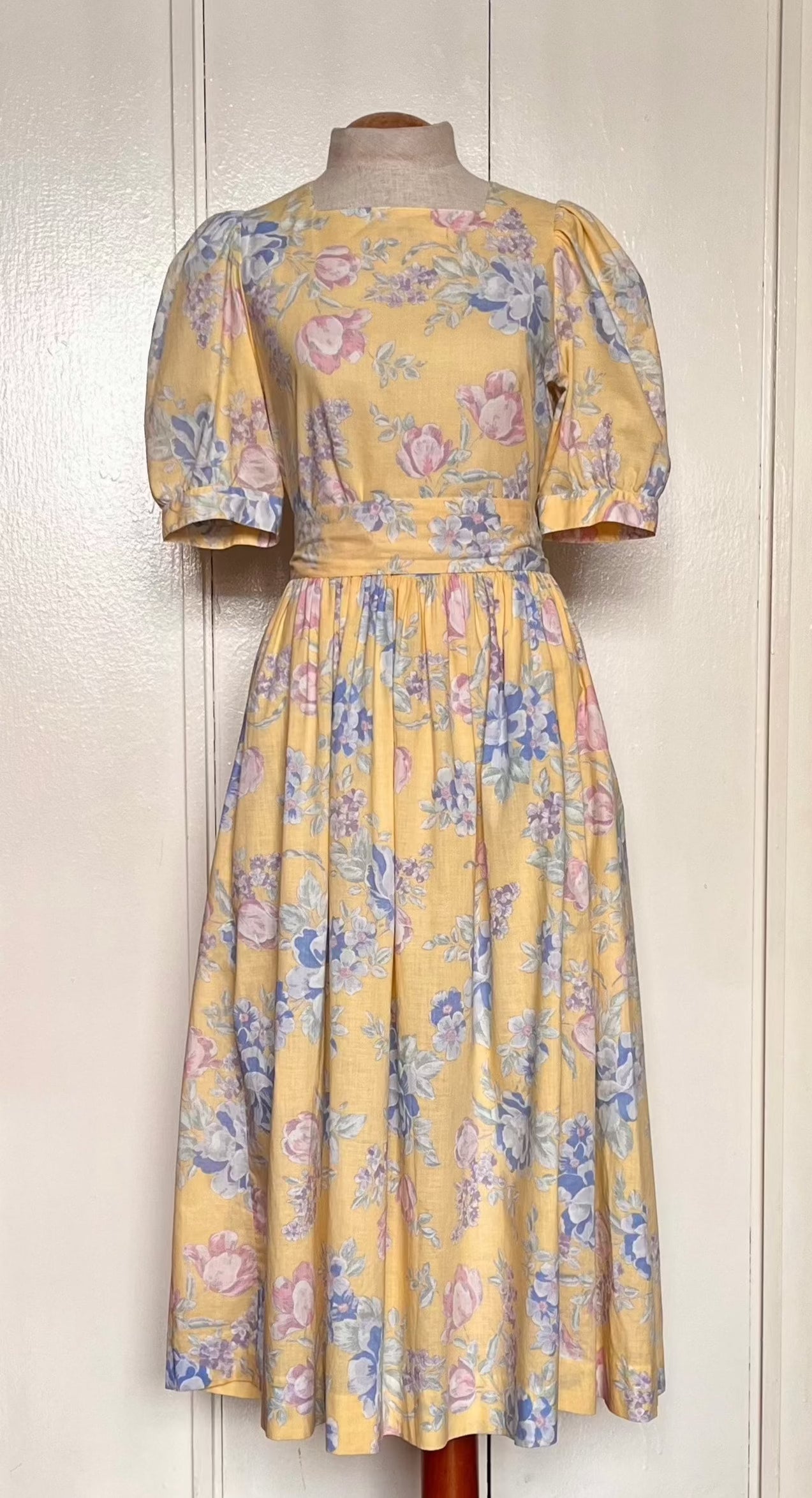 Vintage 1980’s "Laura Ashley" Yellow w/ Blue & Purple Floral Dress