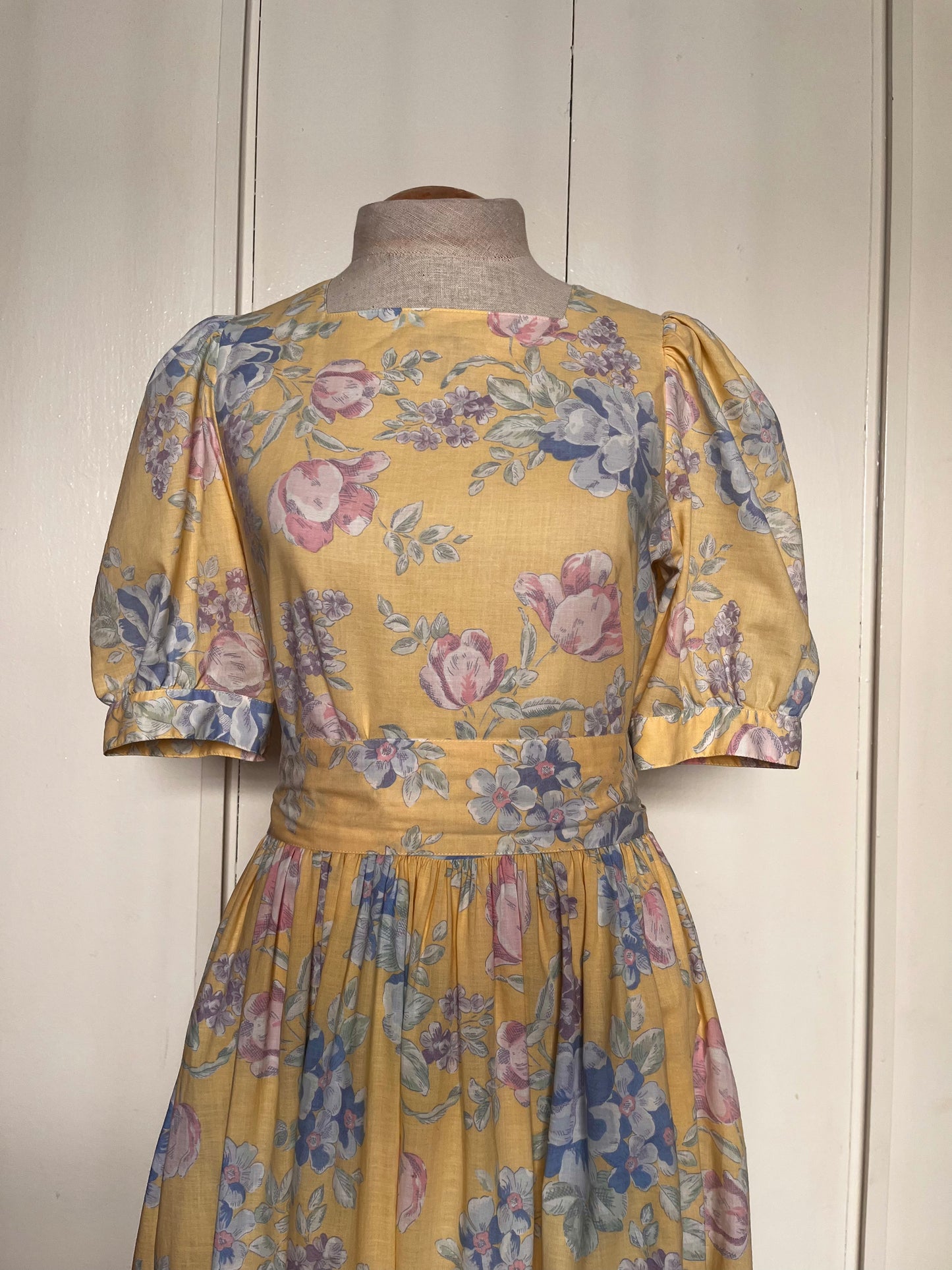 Vintage 1980’s "Laura Ashley" Yellow w/ Blue & Purple Floral Dress