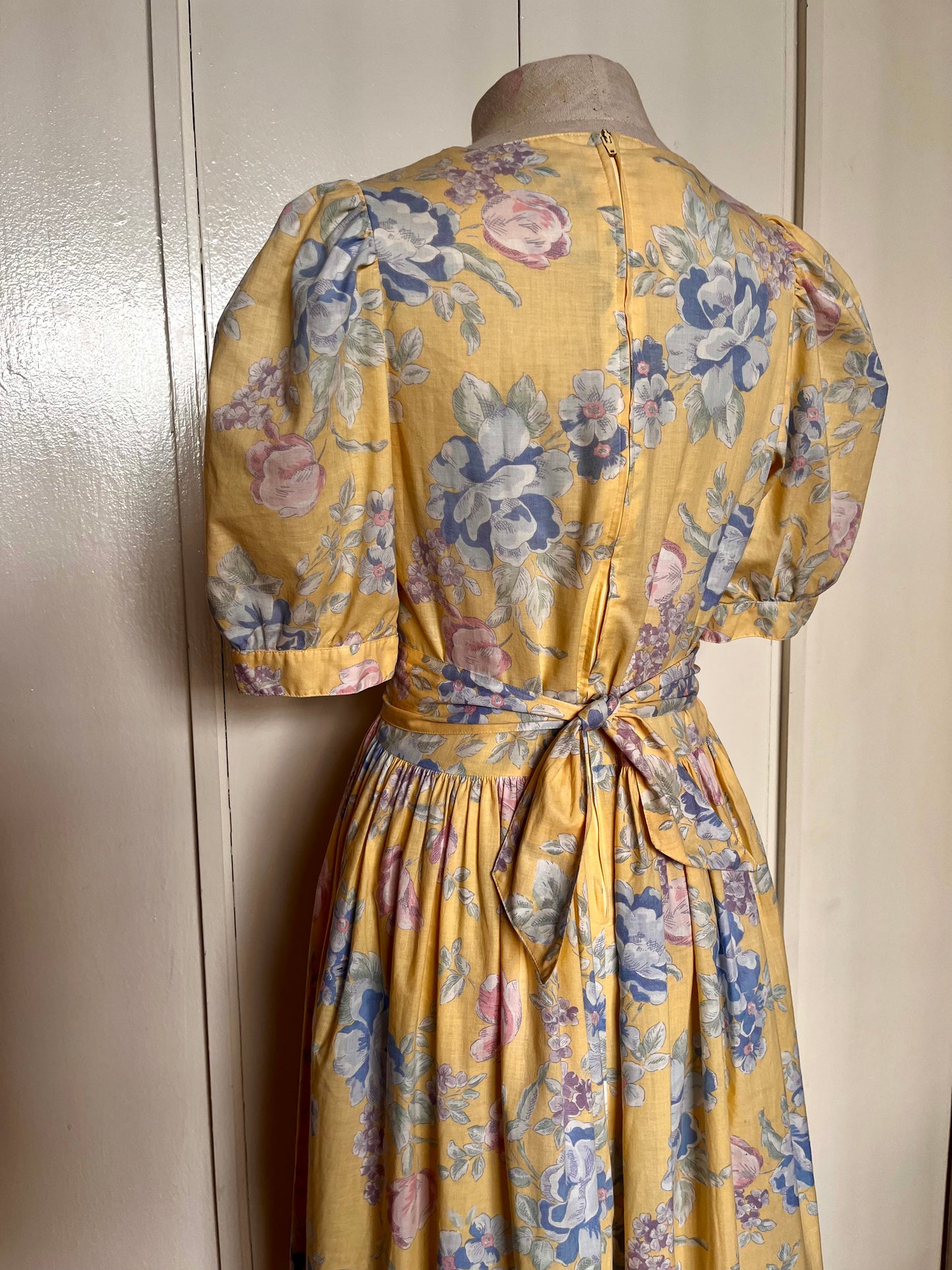 Vintage 1980’s "Laura Ashley" Yellow w/ Blue & Purple Floral Dress