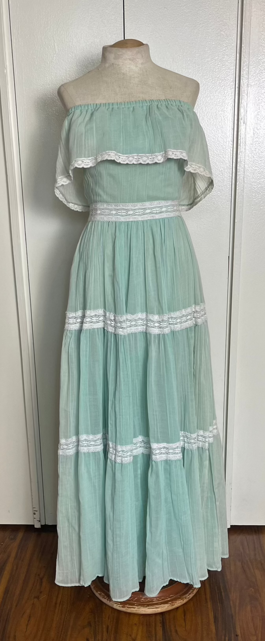 Vintage 1970's "Act 1 New York" Off-the-Shoulder Green Maxi Dress