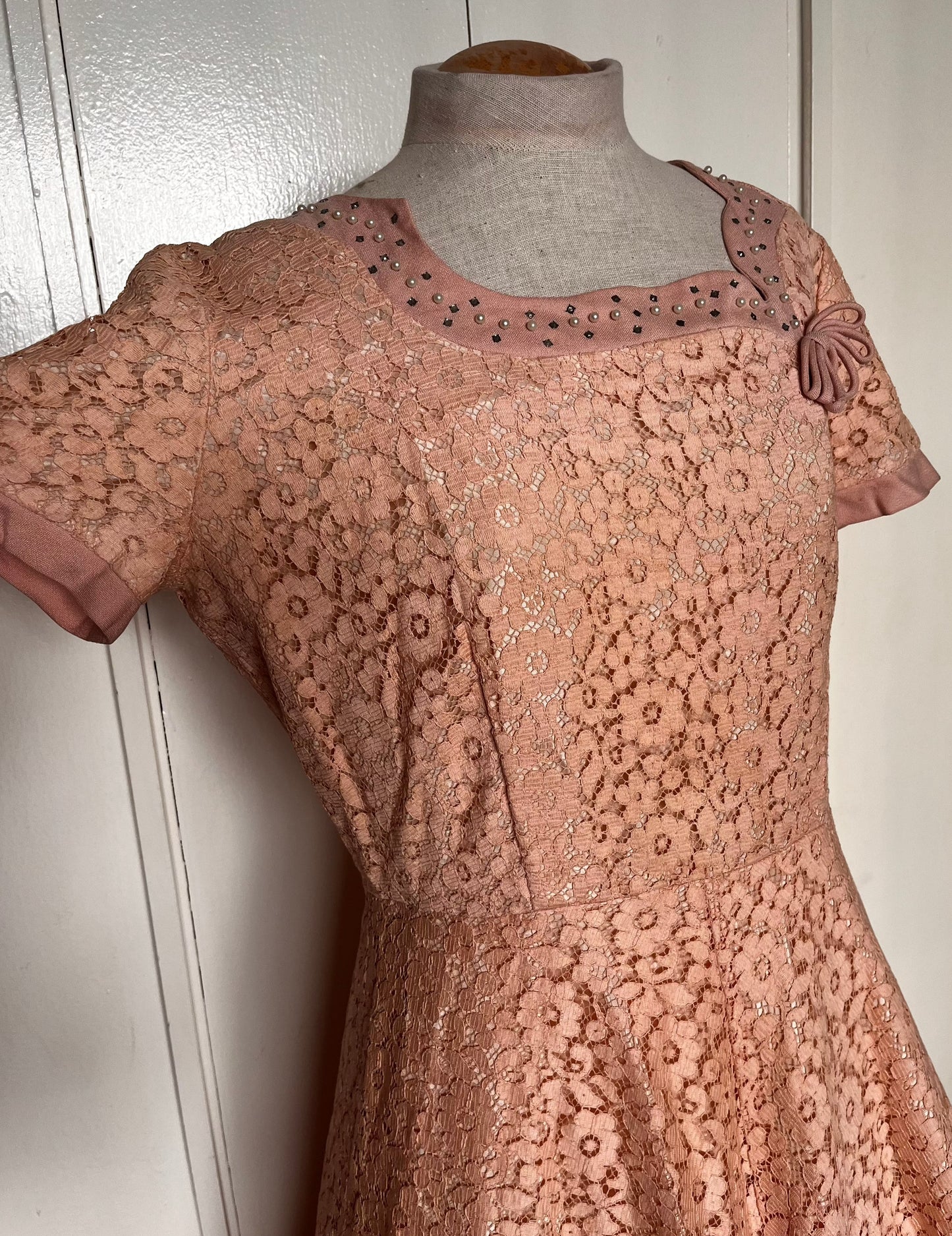 Vintage 1950's Salmon-Pink Lace and Sequin Embellished Fit n Flare Dress