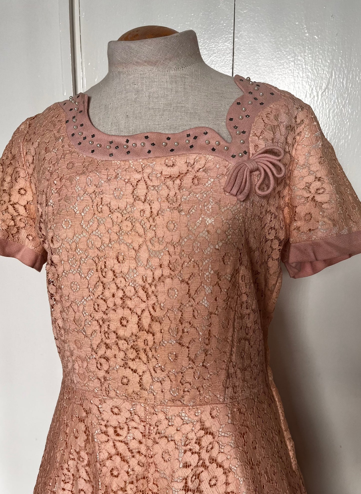 Vintage 1950's Salmon-Pink Lace and Sequin Embellished Fit n Flare Dress