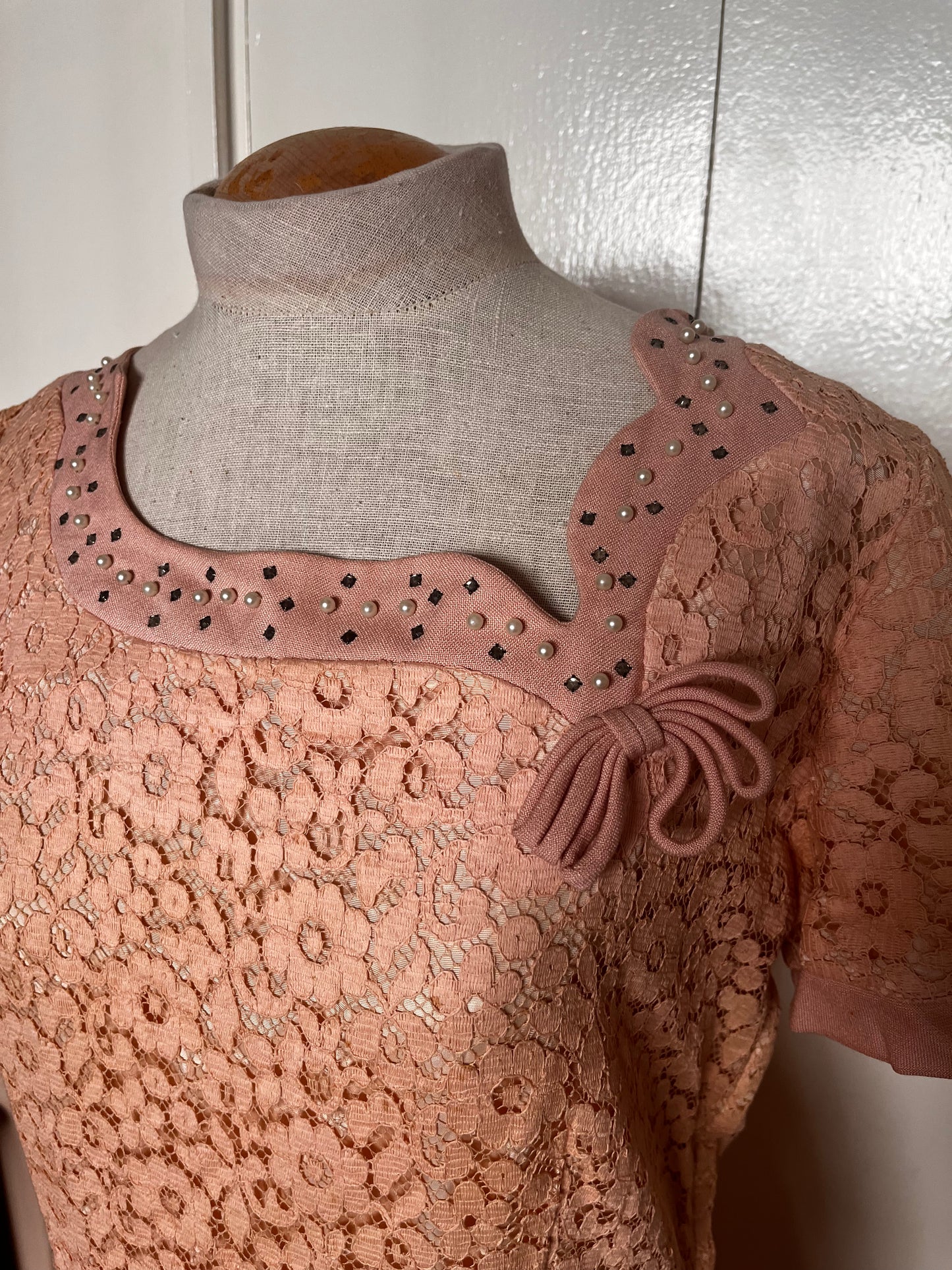 Vintage 1950's Salmon-Pink Lace and Sequin Embellished Fit n Flare Dress