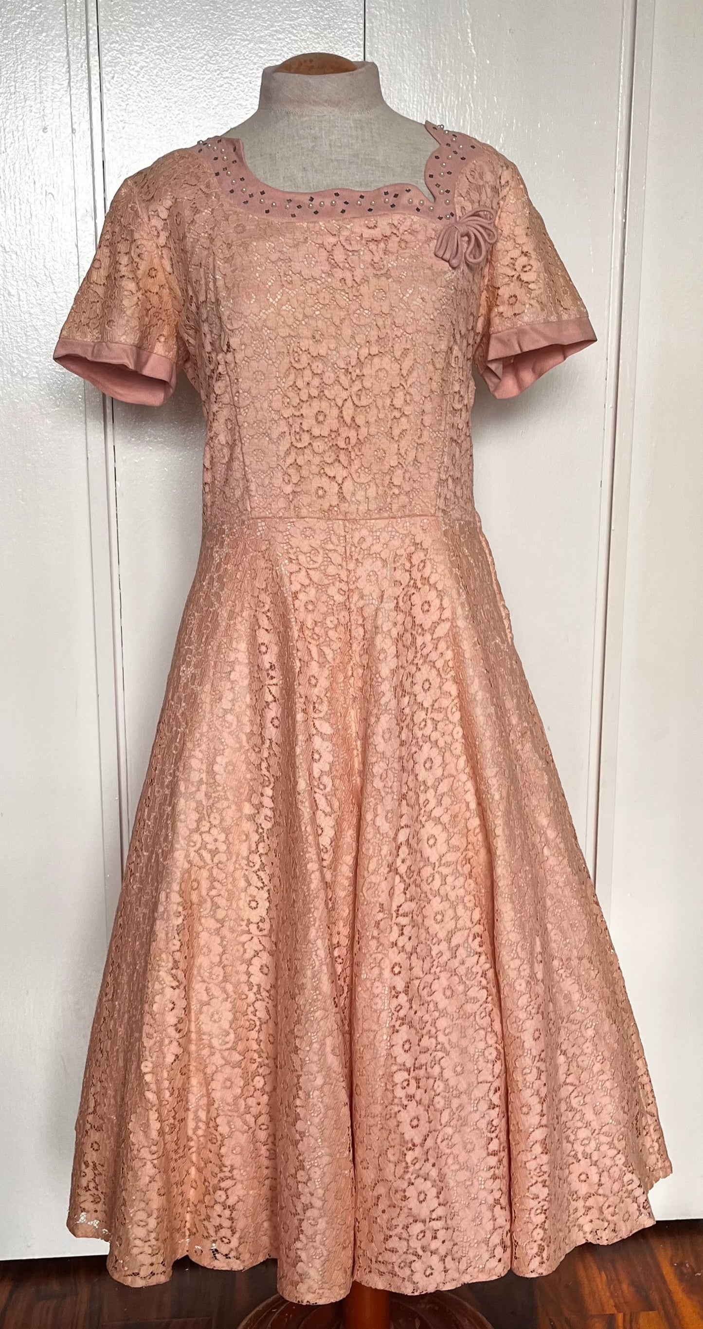 Vintage 1950's Salmon-Pink Lace and Sequin Embellished Fit n Flare Dress