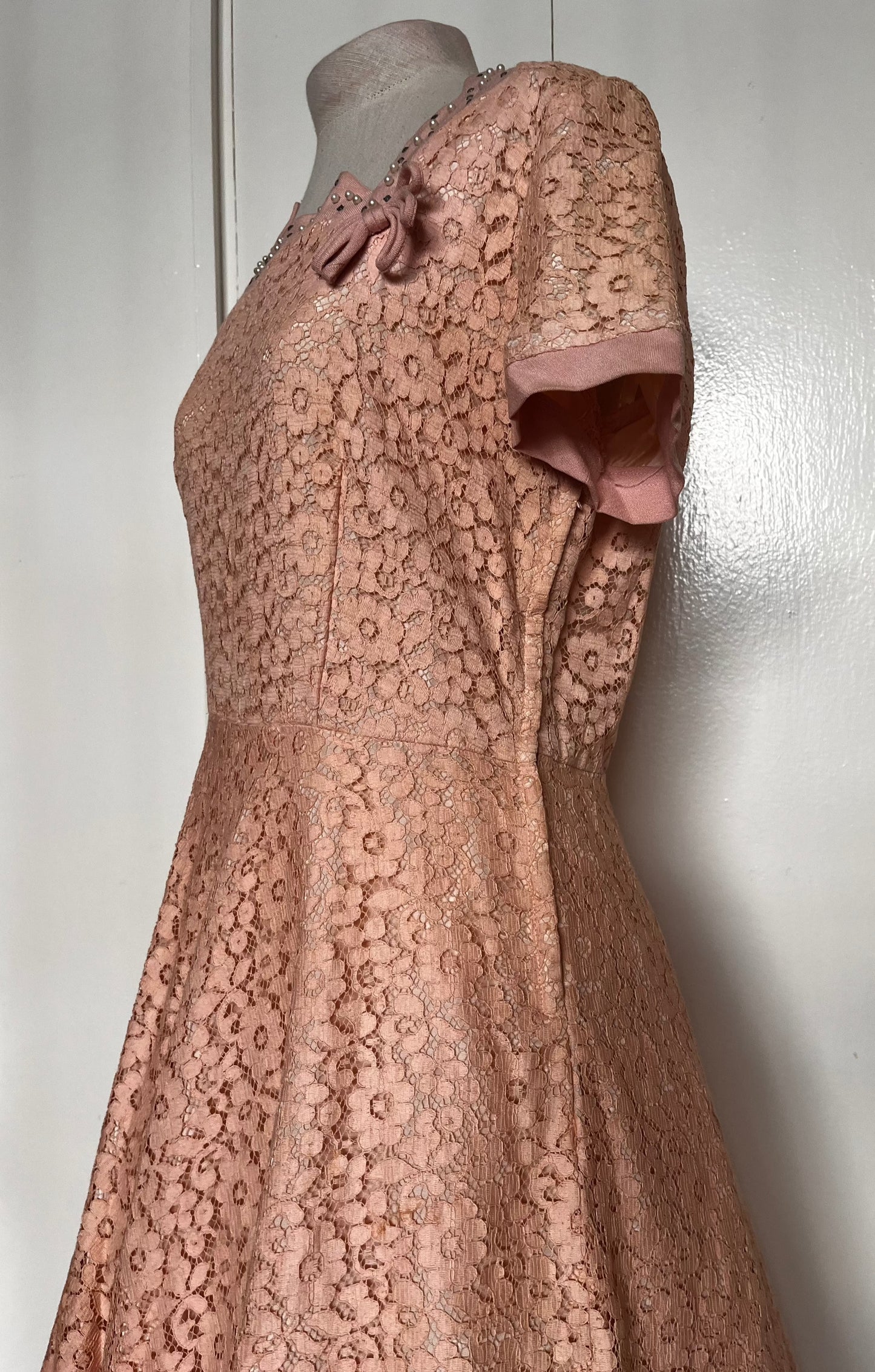 Vintage 1950's Salmon-Pink Lace and Sequin Embellished Fit n Flare Dress