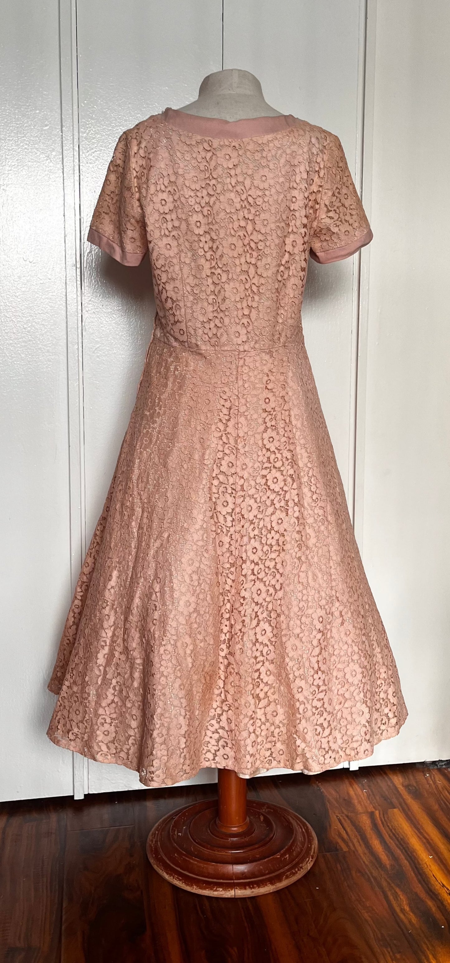 Vintage 1950's Salmon-Pink Lace and Sequin Embellished Fit n Flare Dress