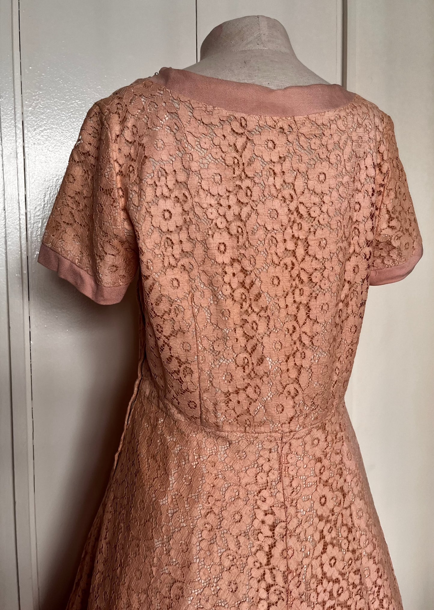 Vintage 1950's Salmon-Pink Lace and Sequin Embellished Fit n Flare Dress