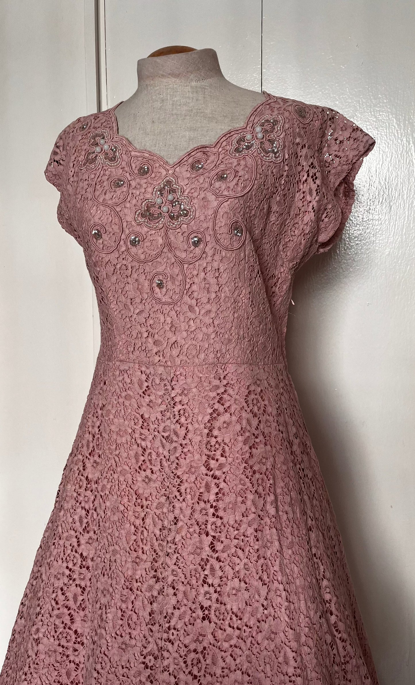 Vintage 1950's Pink Lace and Sequin Embellished Fit n Flare Dress