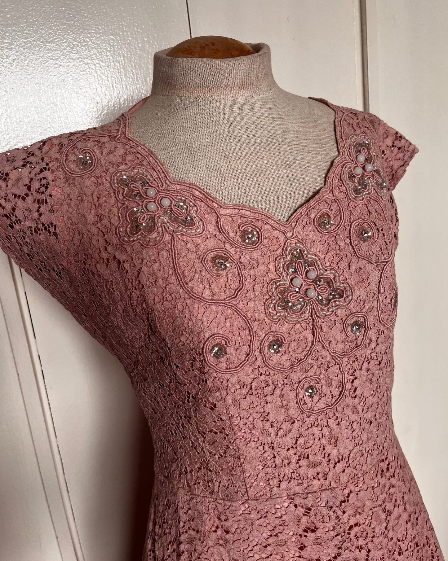 Vintage 1950's Pink Lace and Sequin Embellished Fit n Flare Dress