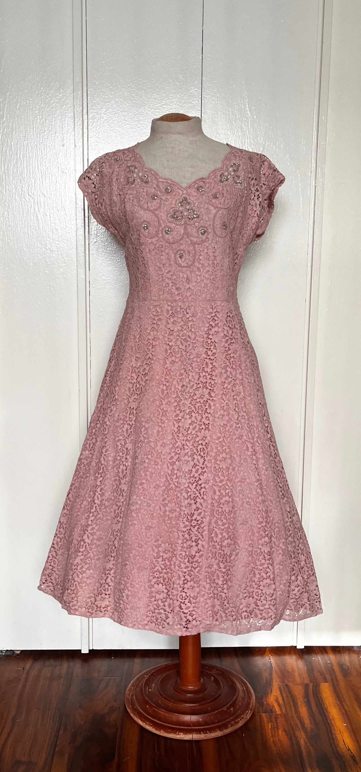 Vintage 1950's Pink Lace and Sequin Embellished Fit n Flare Dress