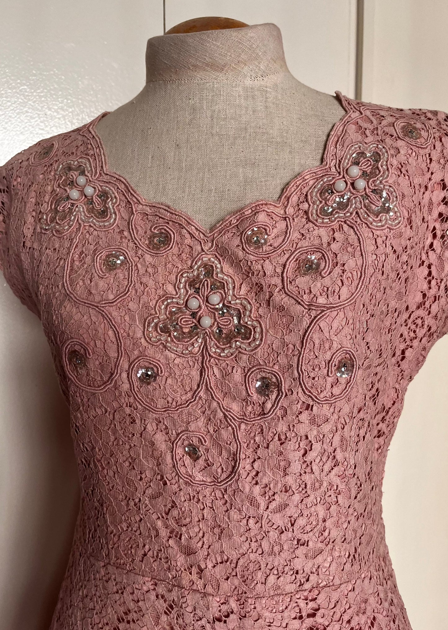 Vintage 1950's Pink Lace and Sequin Embellished Fit n Flare Dress