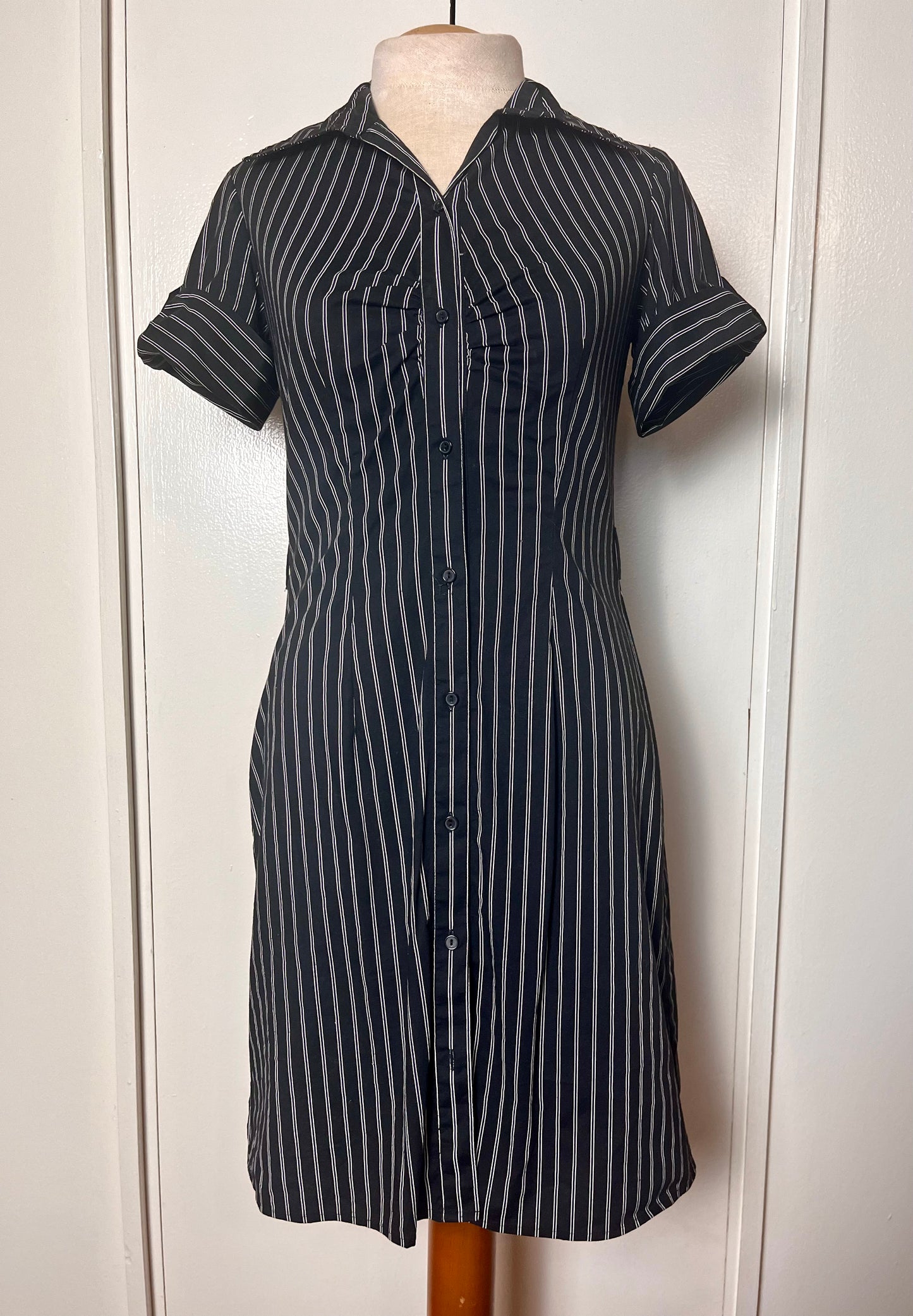 Vintage Y2K "Byer California IZ" Black Pinstripe Button-Front Mini Dress