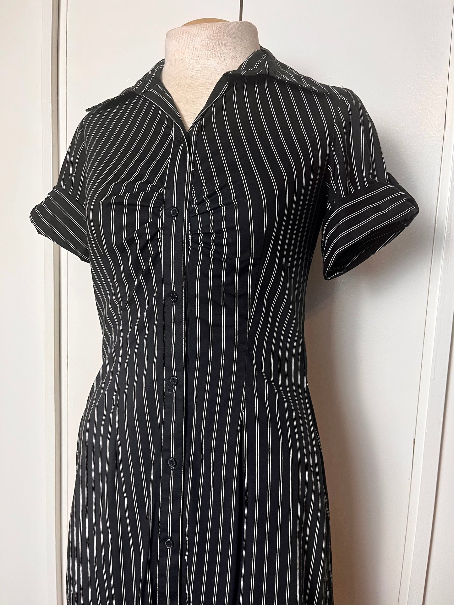 Vintage Y2K "Byer California IZ" Black Pinstripe Button-Front Mini Dress