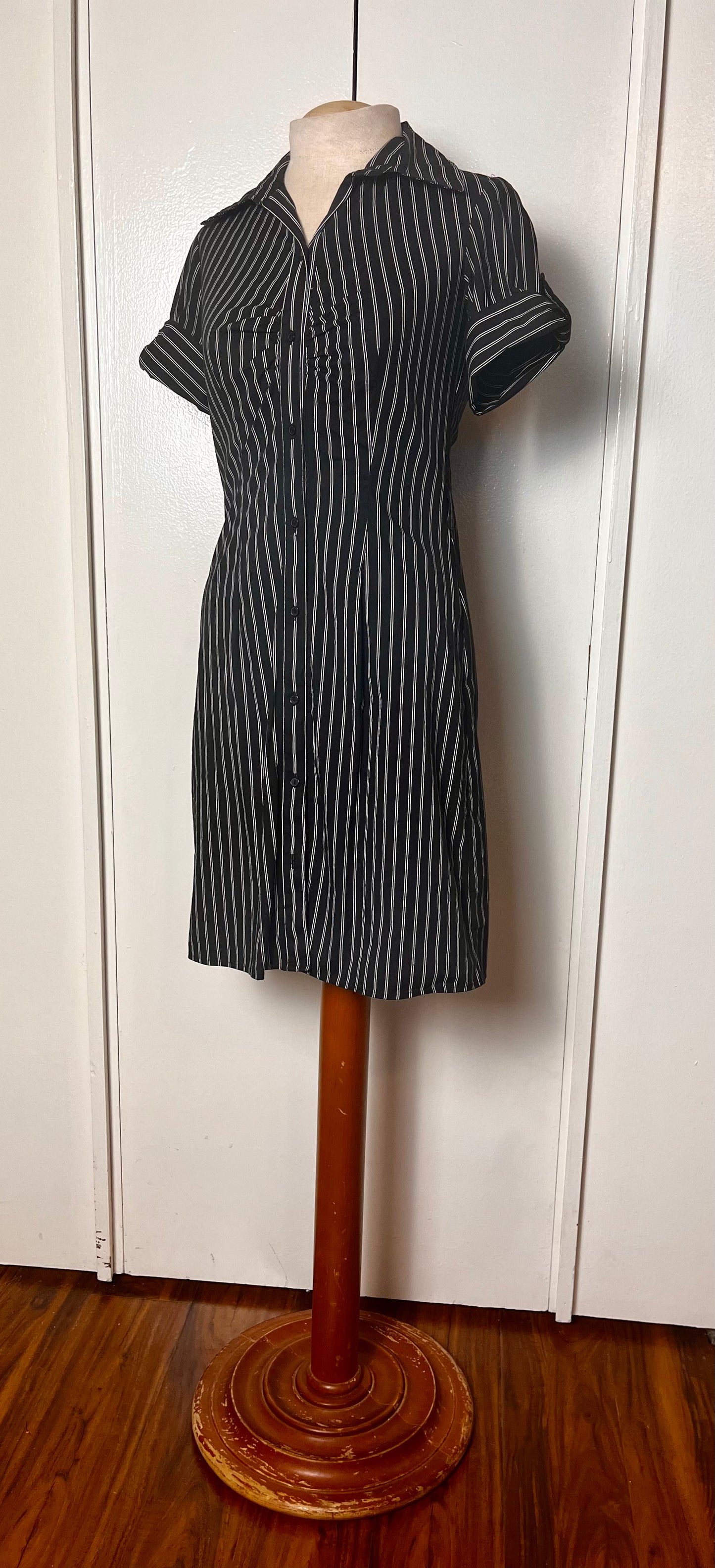 Vintage Y2K "Byer California IZ" Black Pinstripe Button-Front Mini Dress