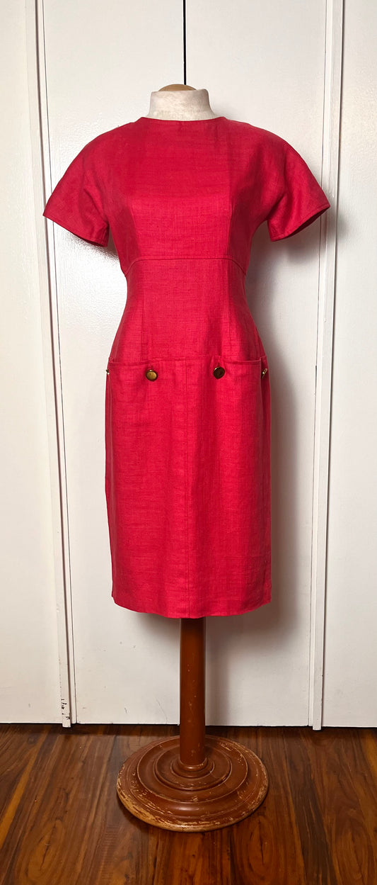 Vintage 1990's "Oscar de la Renta" Pink Linen & Gold Button Sheath Dress