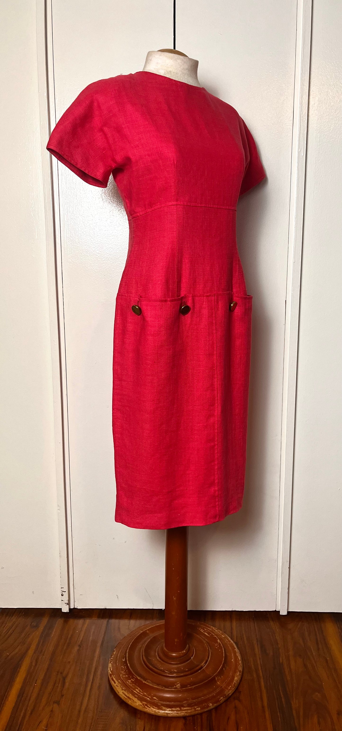 Vintage 1990's "Oscar de la Renta" Pink Linen & Gold Button Sheath Dress