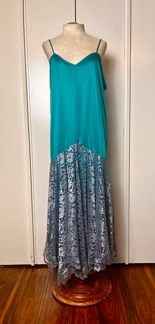 Vintage 1980's Teal Slip Handkerchief Lace Hem Maxi Dress