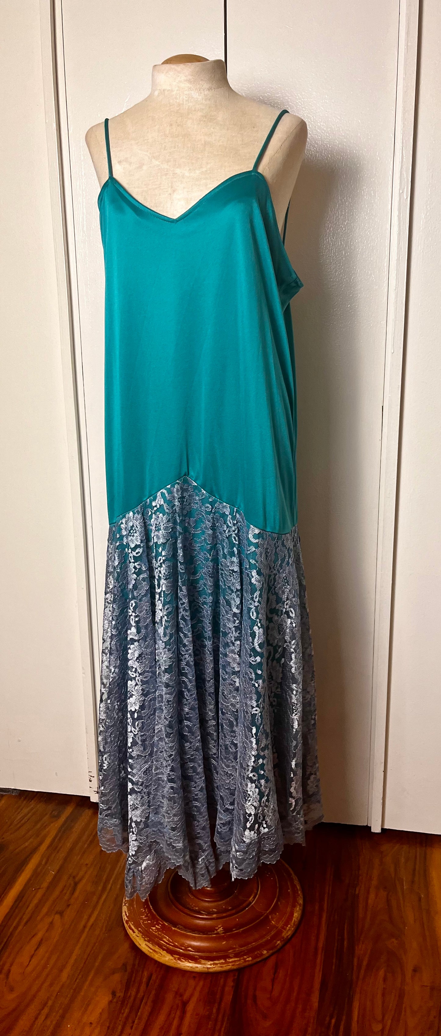 Vintage 1980's Teal Slip Handkerchief Lace Hem Maxi Dress