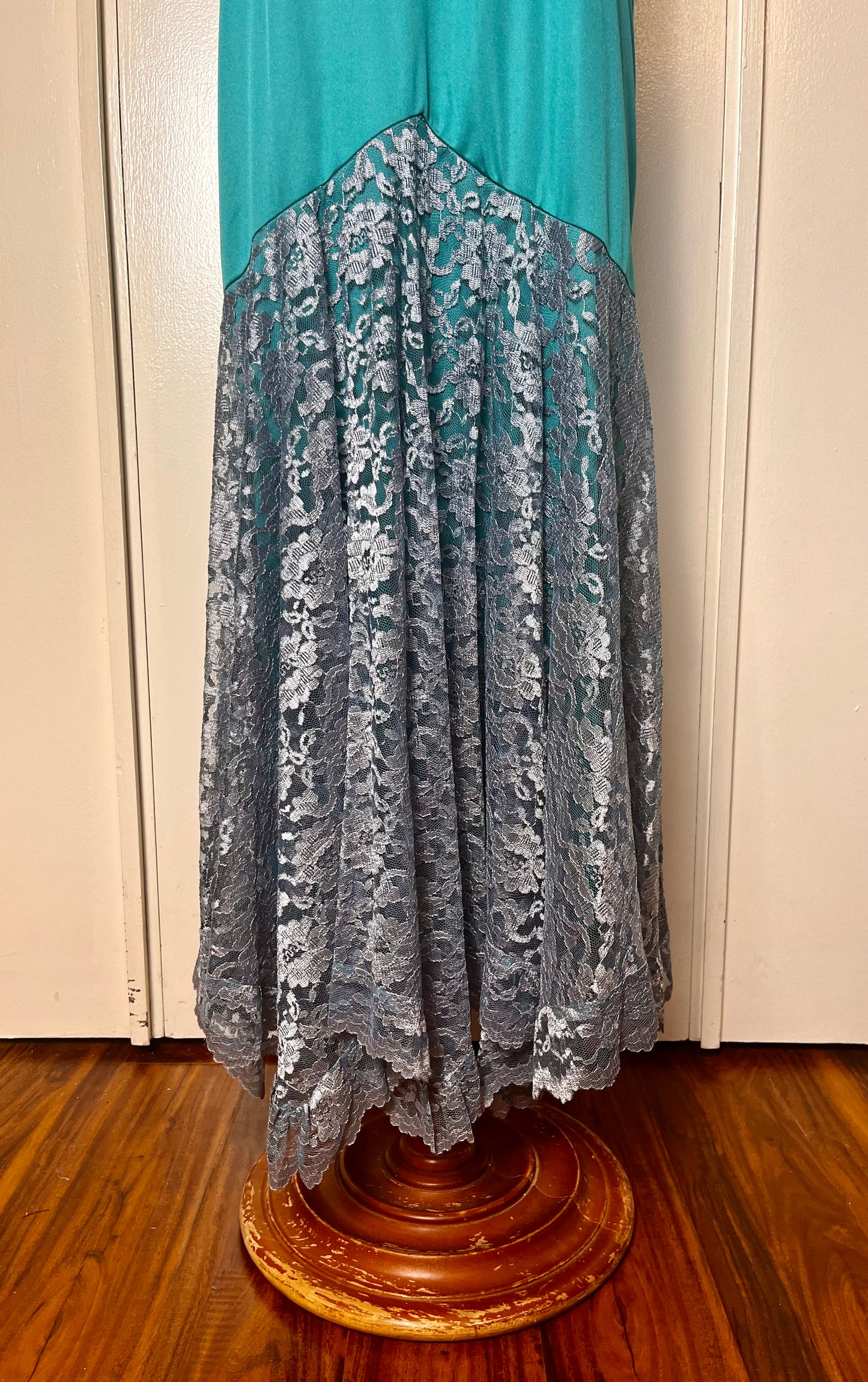 Vintage 1980's Teal Slip Handkerchief Lace Hem Maxi Dress