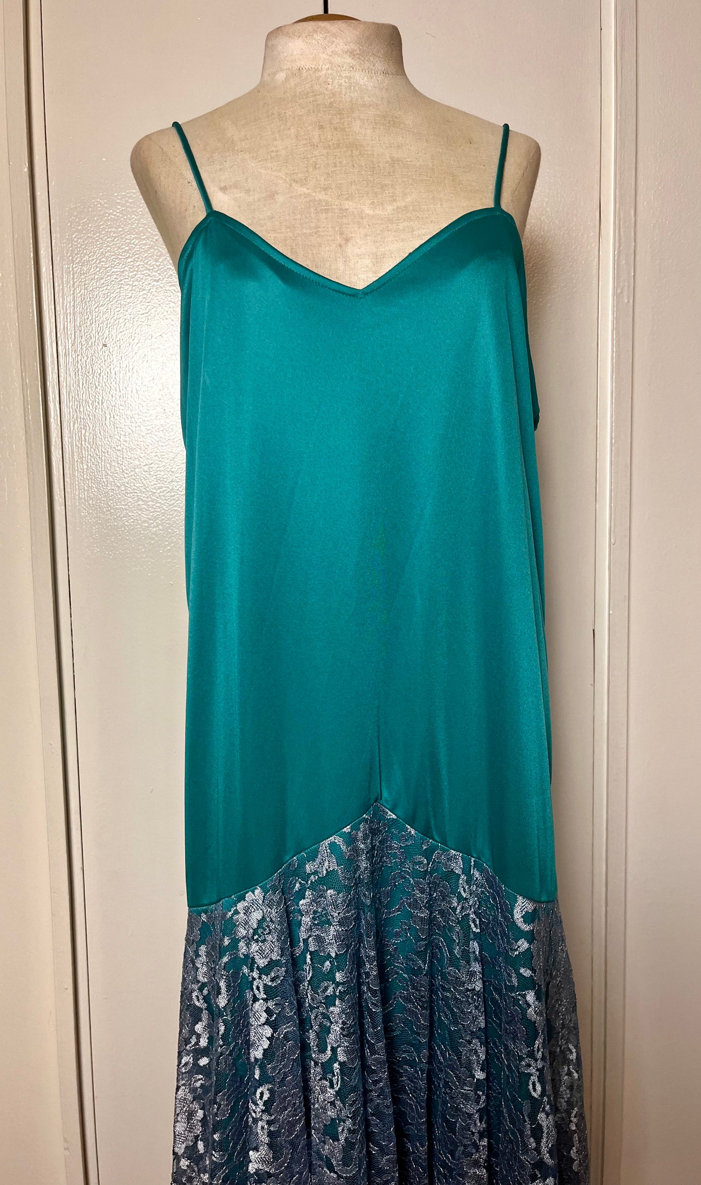 Vintage 1980's Teal Slip Handkerchief Lace Hem Maxi Dress