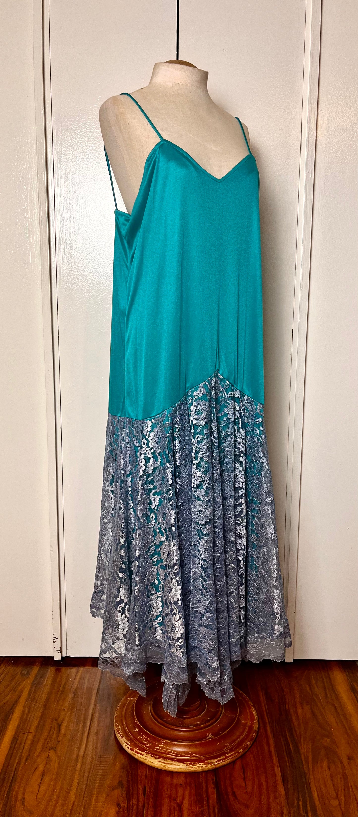 Vintage 1980's Teal Slip Handkerchief Lace Hem Maxi Dress