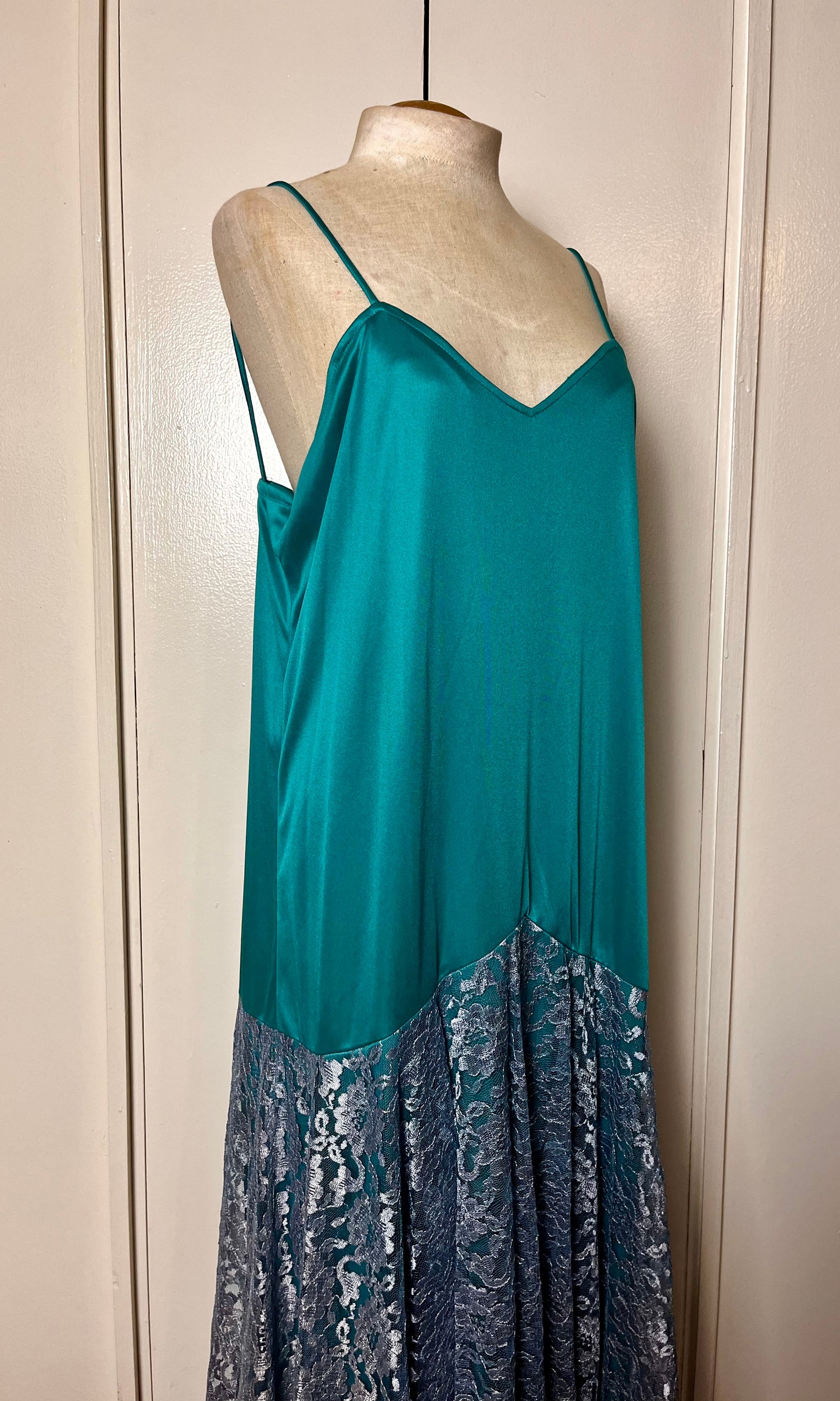 Vintage 1980's Teal Slip Handkerchief Lace Hem Maxi Dress