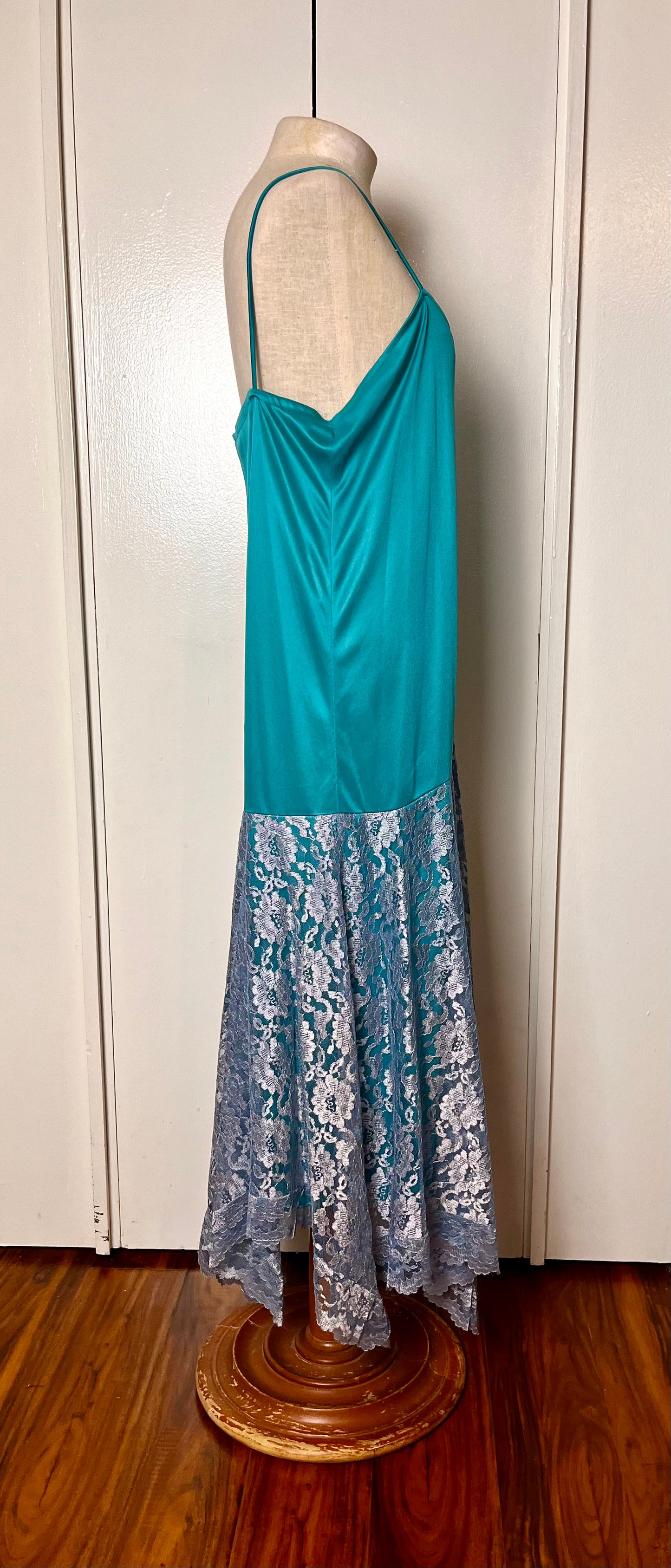 Vintage 1980's Teal Slip Handkerchief Lace Hem Maxi Dress