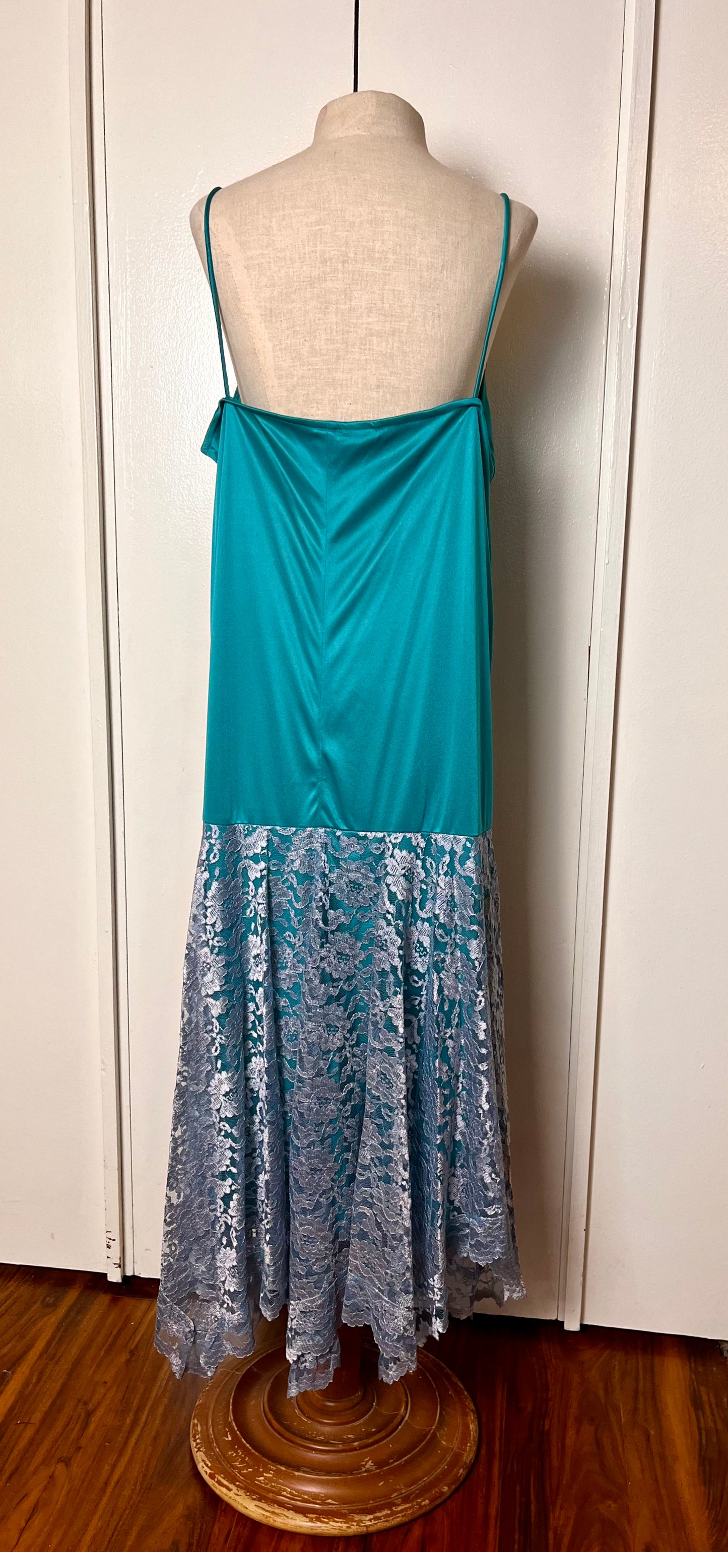 Vintage 1980's Teal Slip Handkerchief Lace Hem Maxi Dress