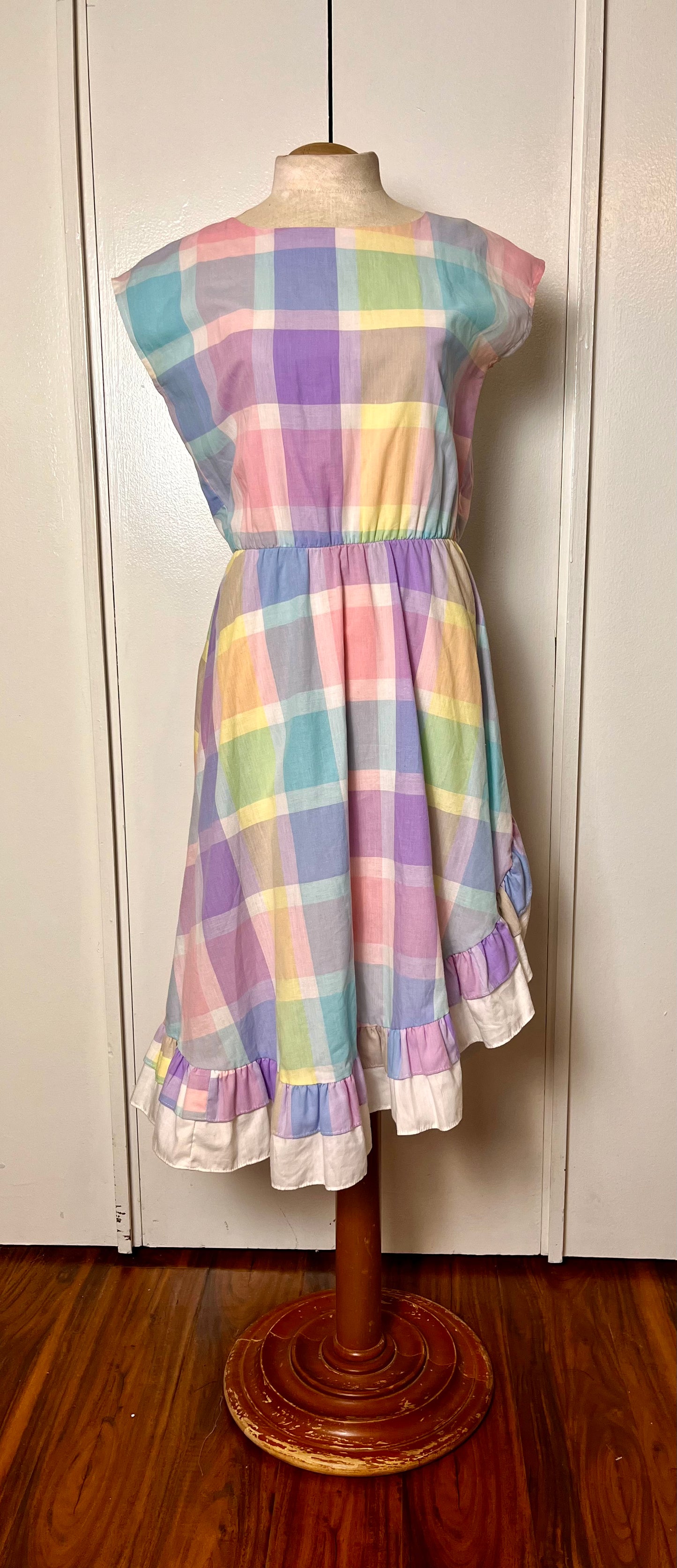 Vintage 1980's Pastel Rainbow Plaid & Ruffle Midi Dress