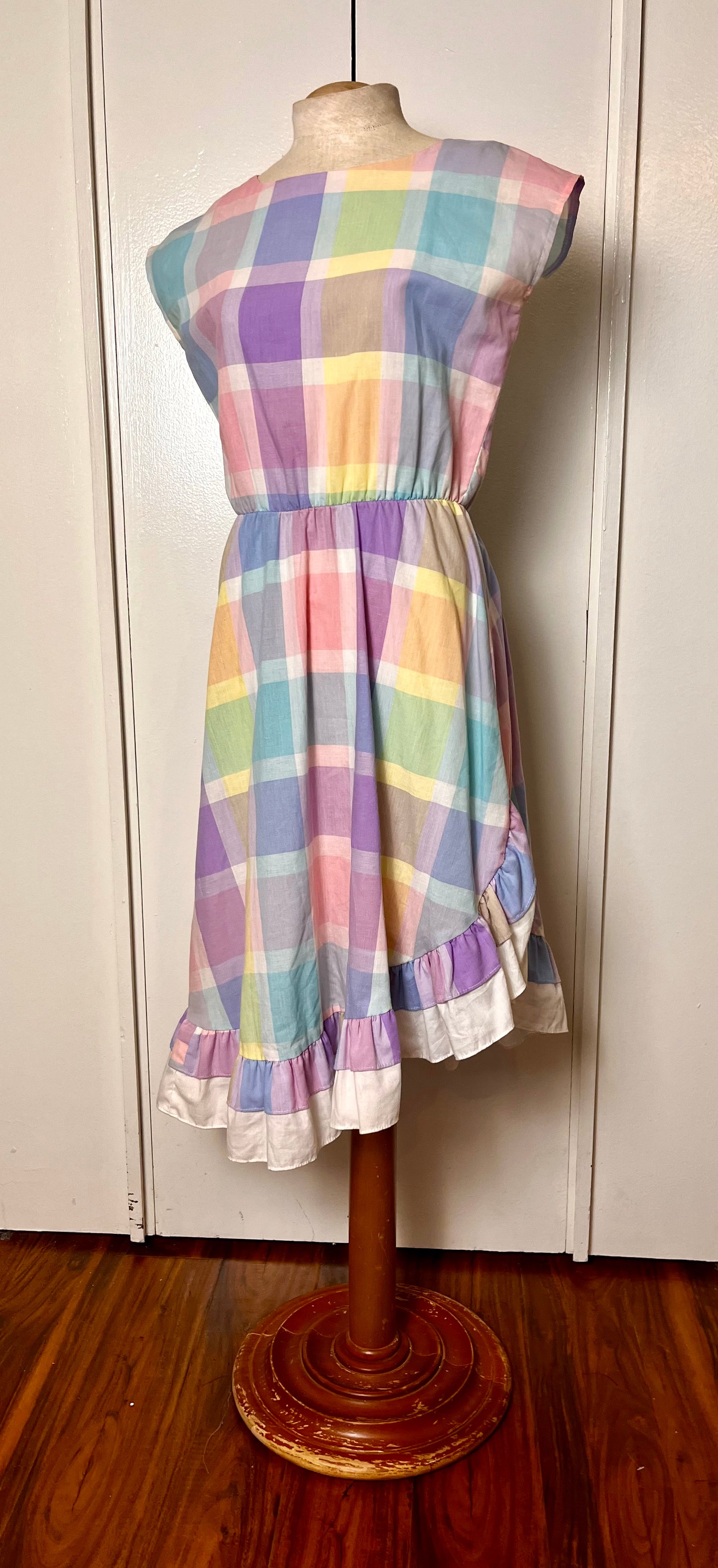 Vintage 1980's Pastel Rainbow Plaid & Ruffle Midi Dress