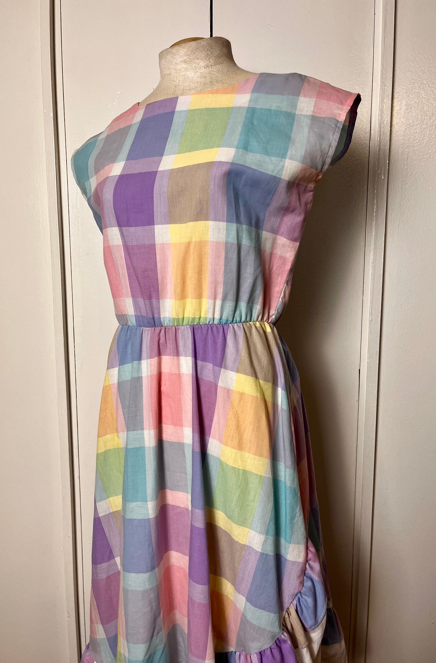 Vintage 1980's Pastel Rainbow Plaid & Ruffle Midi Dress